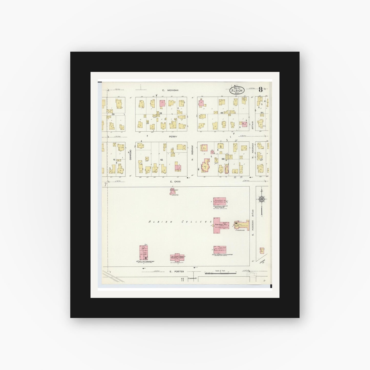 Old map wall art mockup — black gallery frame with white mat — Sanborn Fire Insurance Map from Albion, Calhoun County, Michigan (1913), Sheet #0008