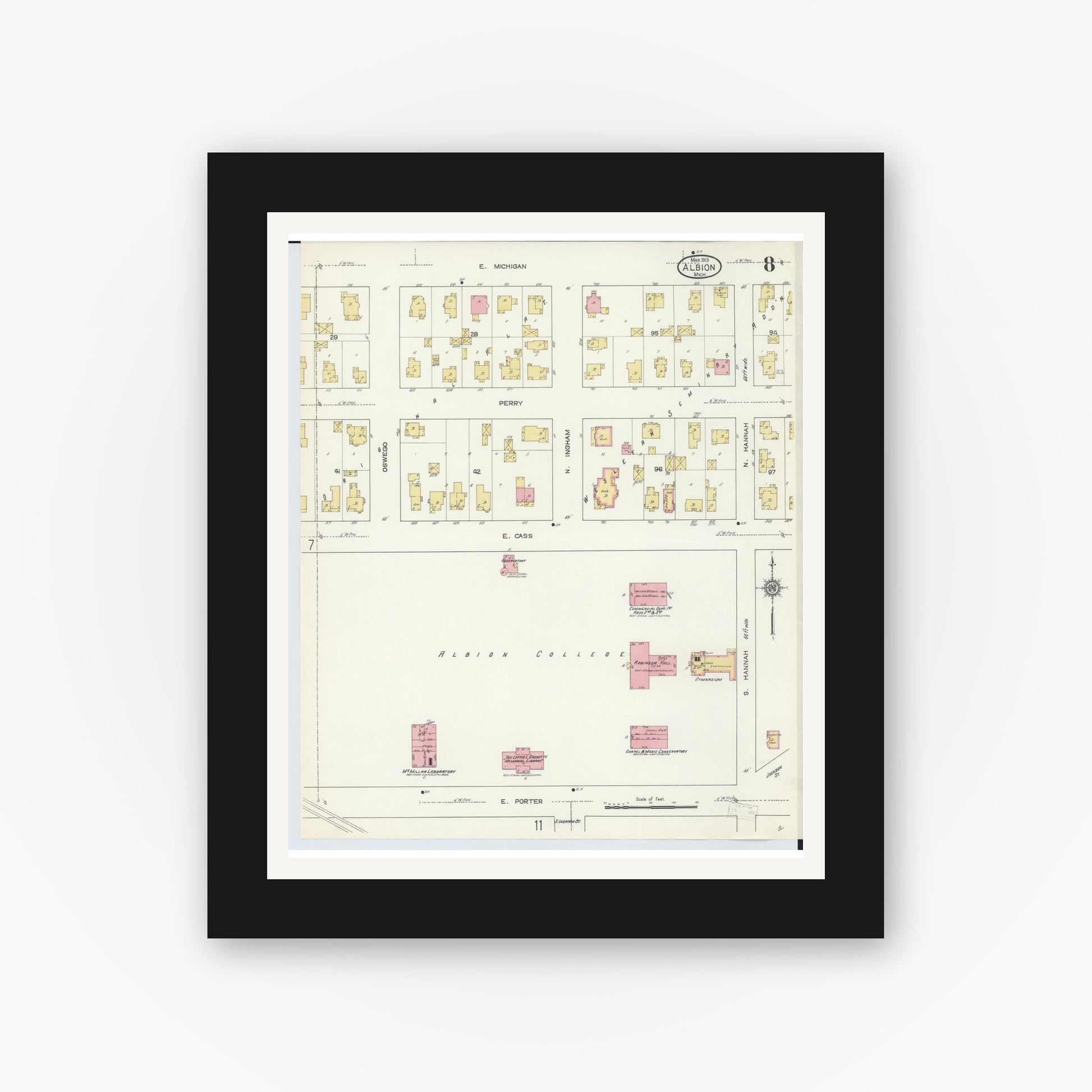 Old map wall art mockup — black gallery frame with white mat — Sanborn Fire Insurance Map from Albion, Calhoun County, Michigan (1913), Sheet #0008