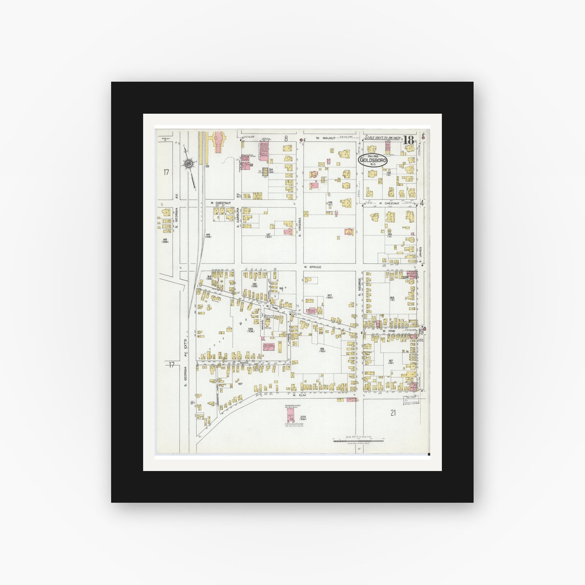Old map wall art mockup — black gallery frame with white mat — Sanborn Fire Insurance Map from Goldsboro, Wayne County, North Carolina (1918), Sheet #0018