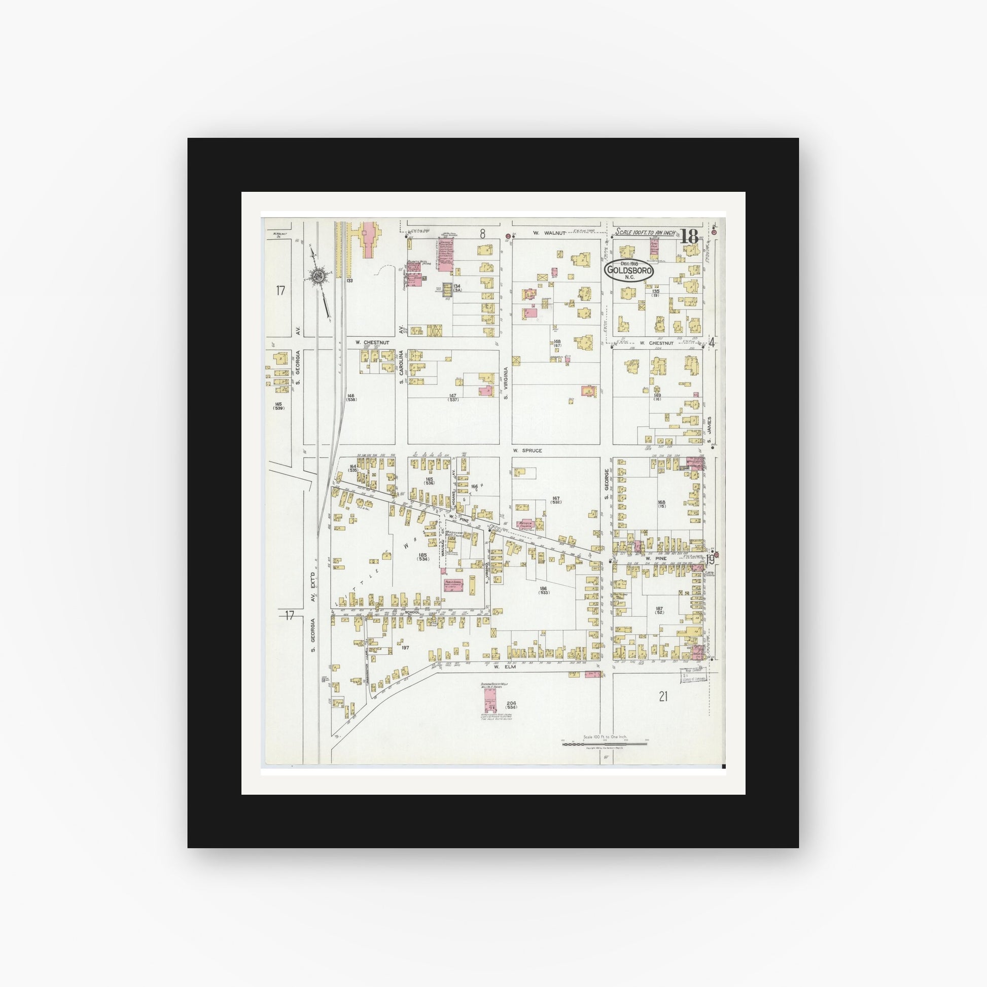 Old map wall art mockup — black gallery frame with white mat — Sanborn Fire Insurance Map from Goldsboro, Wayne County, North Carolina (1918), Sheet #0018