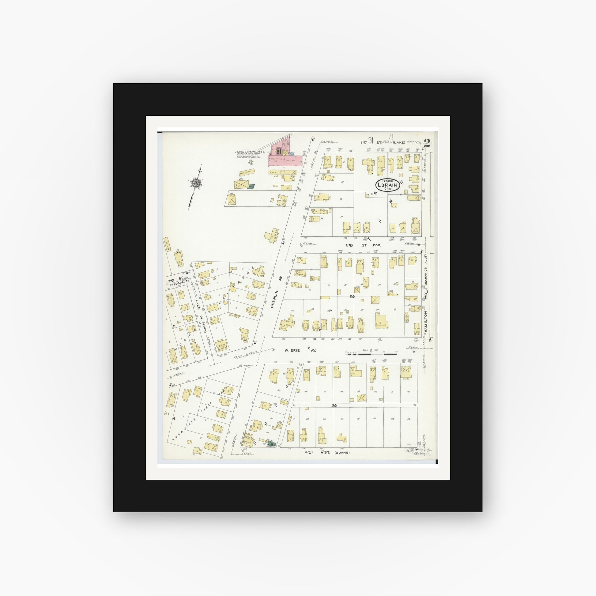 Old map wall art mockup — black gallery frame with white mat — Sanborn Fire Insurance Map from Lorain, Lorain County, Ohio (1910), Sheet #0002