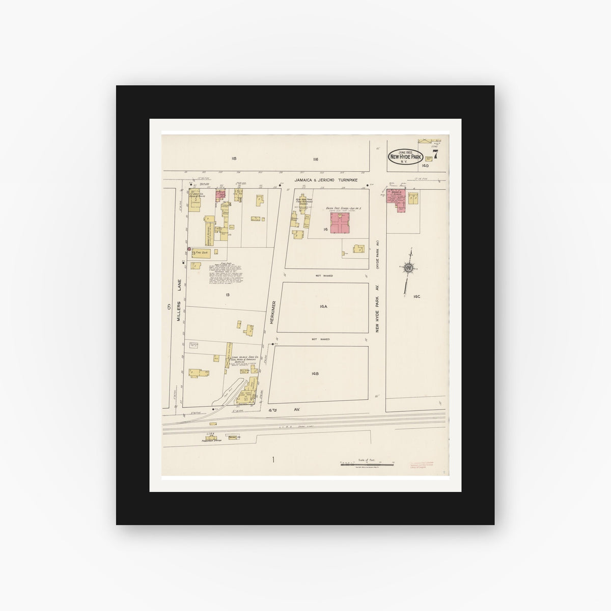 Old map wall art mockup — black gallery frame with white mat — Sanborn Fire Insurance Map from New Hyde Park, Nassau County, New York (1922), Sheet #0007