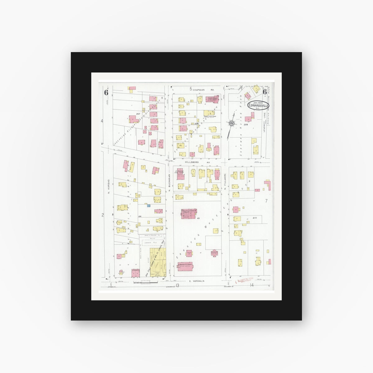 Old map wall art mockup — black gallery frame with white mat — Sanborn Fire Insurance Map from Edwardsville, Madison County, Illinois (1930), Sheet #0006