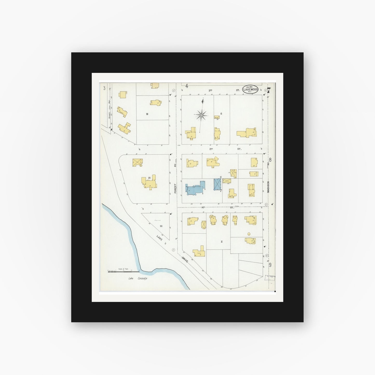 Old map wall art mockup — black gallery frame with white mat — Sanborn Fire Insurance Map from Lakewood, Ocean County, New Jersey (1901), Sheet #0007