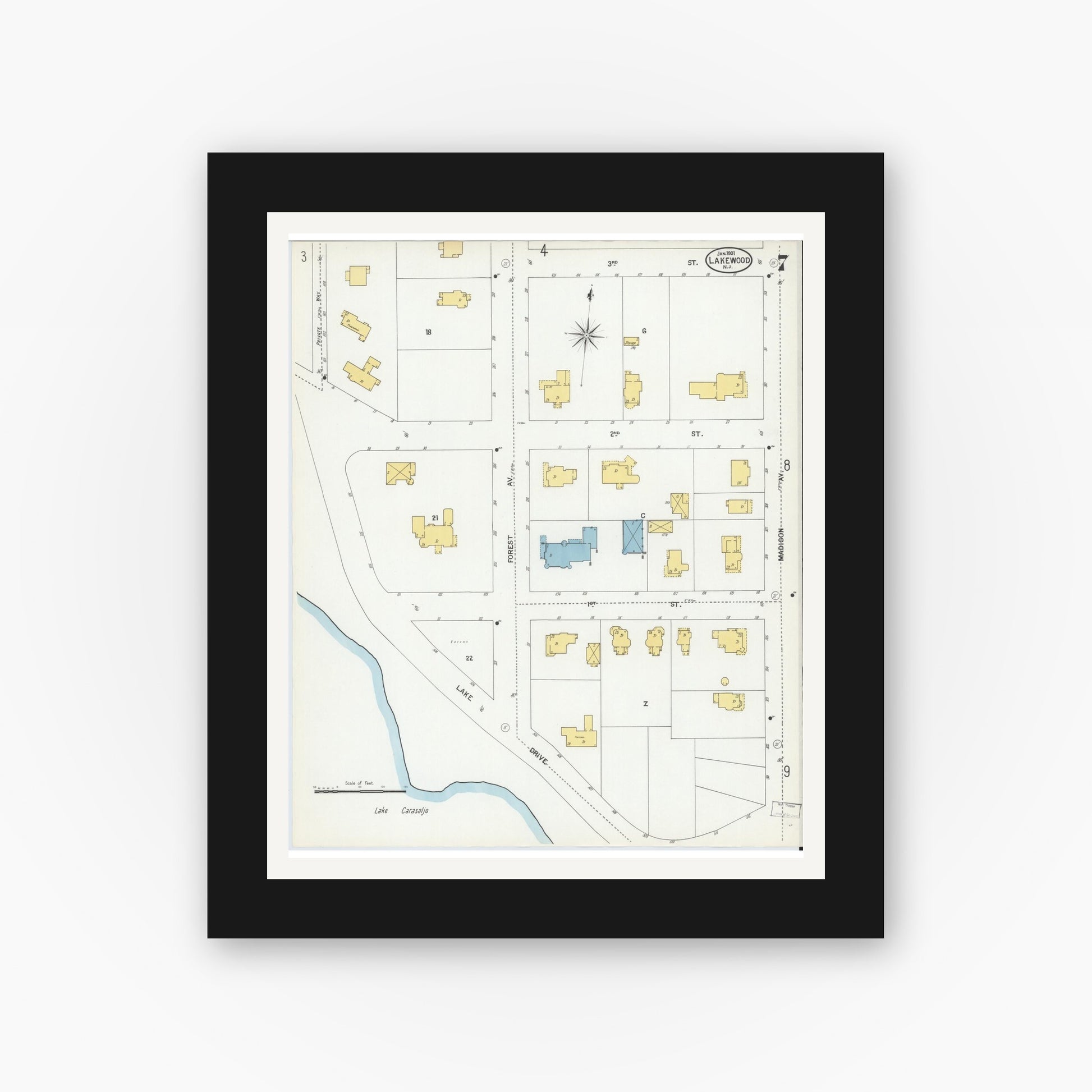 Old map wall art mockup — black gallery frame with white mat — Sanborn Fire Insurance Map from Lakewood, Ocean County, New Jersey (1901), Sheet #0007