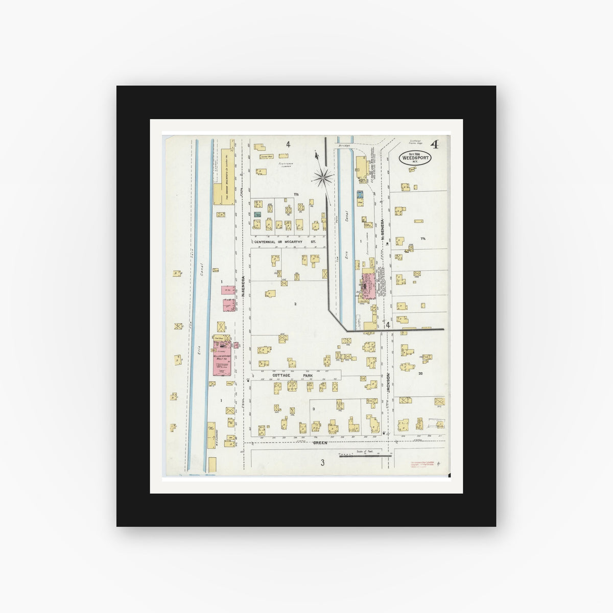 Old map wall art mockup — black gallery frame with white mat — Sanborn Fire Insurance Map from Weedsport, Cayuga County, New York (1906), Sheet #0004