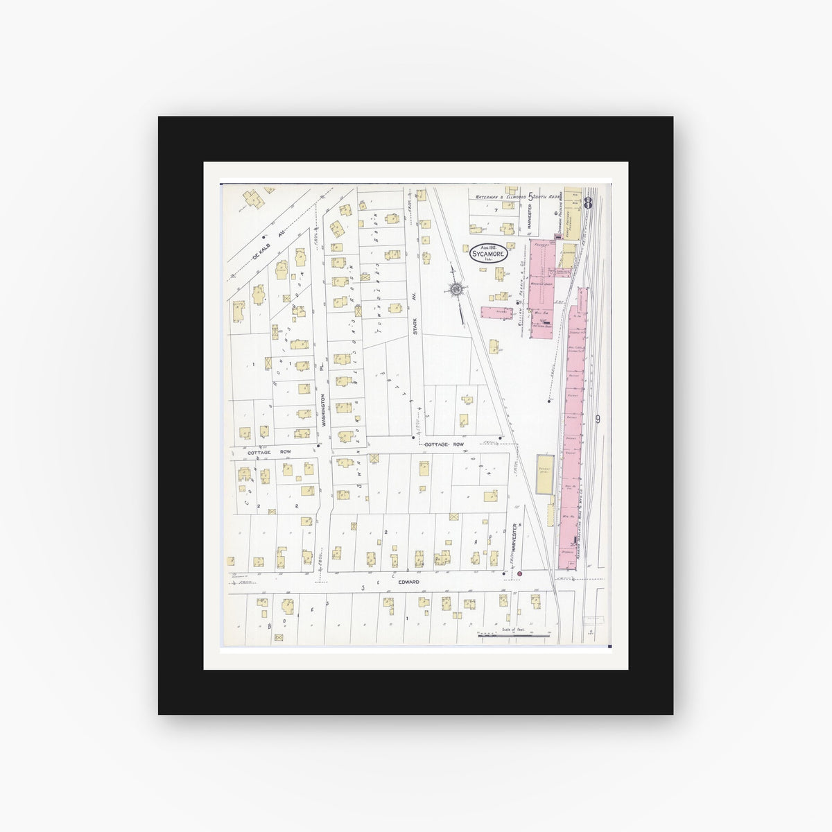 Old map wall art mockup — black gallery frame with white mat — Sanborn Fire Insurance Map from Sycamore, De Kalb County, Illinois (1912), Sheet #0008