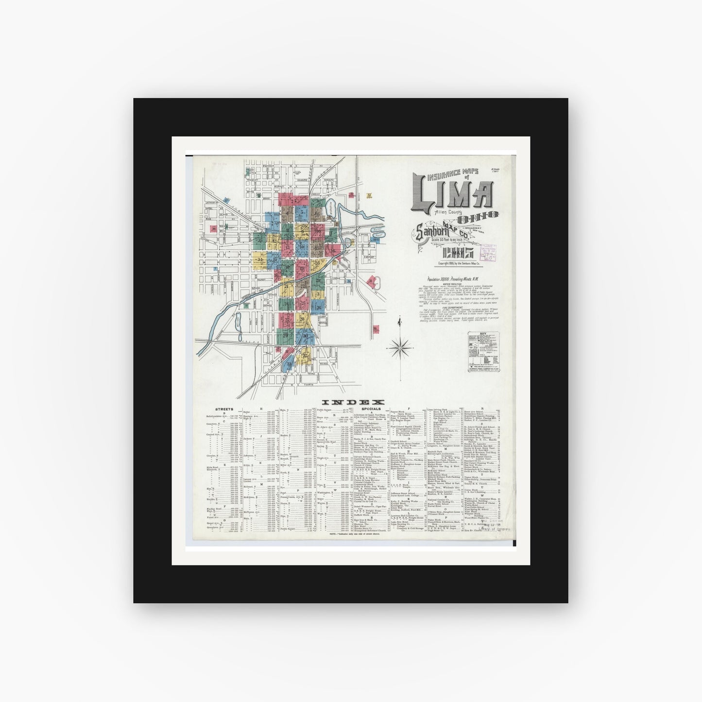 Old map wall art mockup — black gallery frame with white mat — Sanborn Fire Insurance Map from Lima, Allen County, Ohio (1905) - Complete Map Set