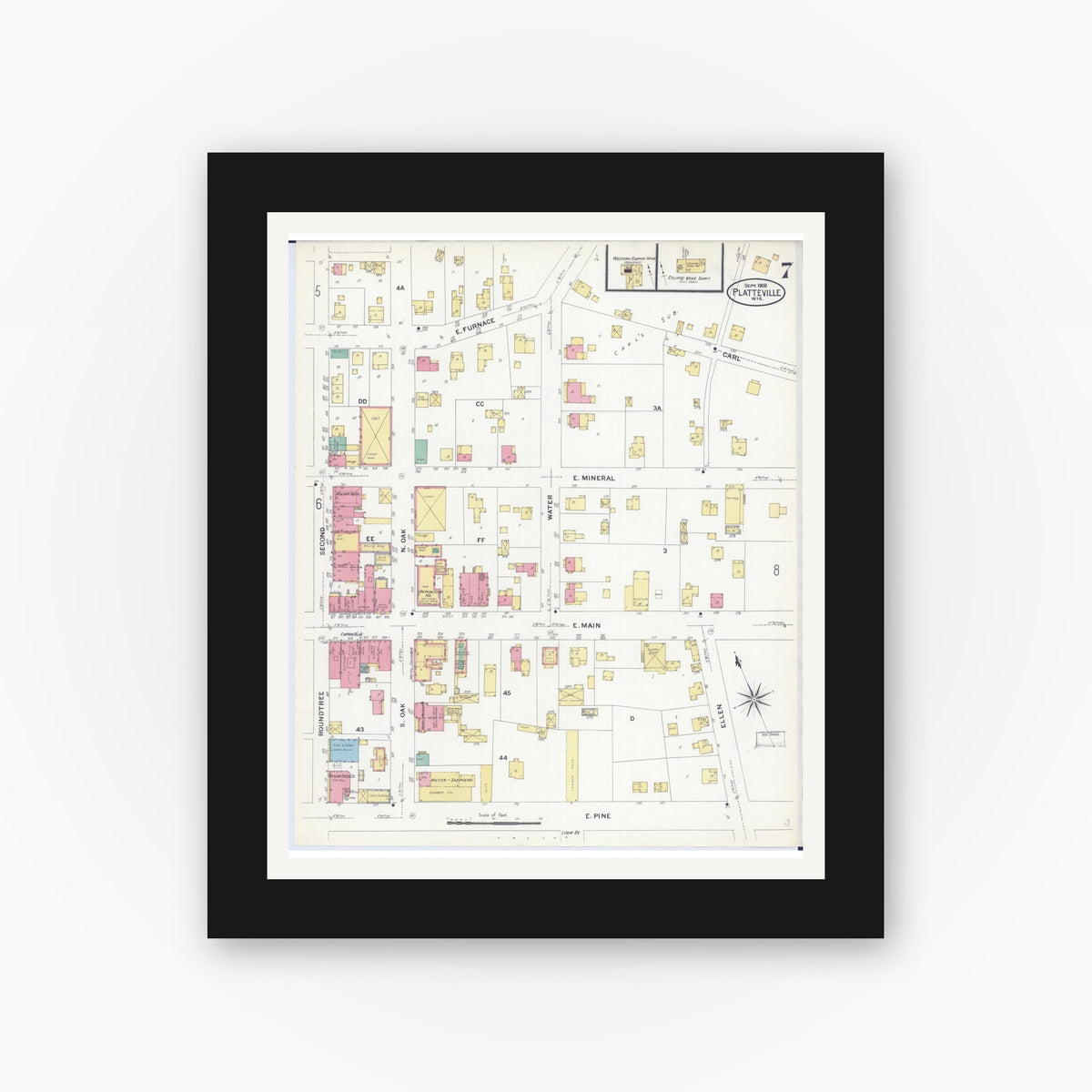 Old map wall art mockup — black gallery frame with white mat — Sanborn Fire Insurance Map from Platteville, Grant County, Wisconsin (1908), Sheet #0007