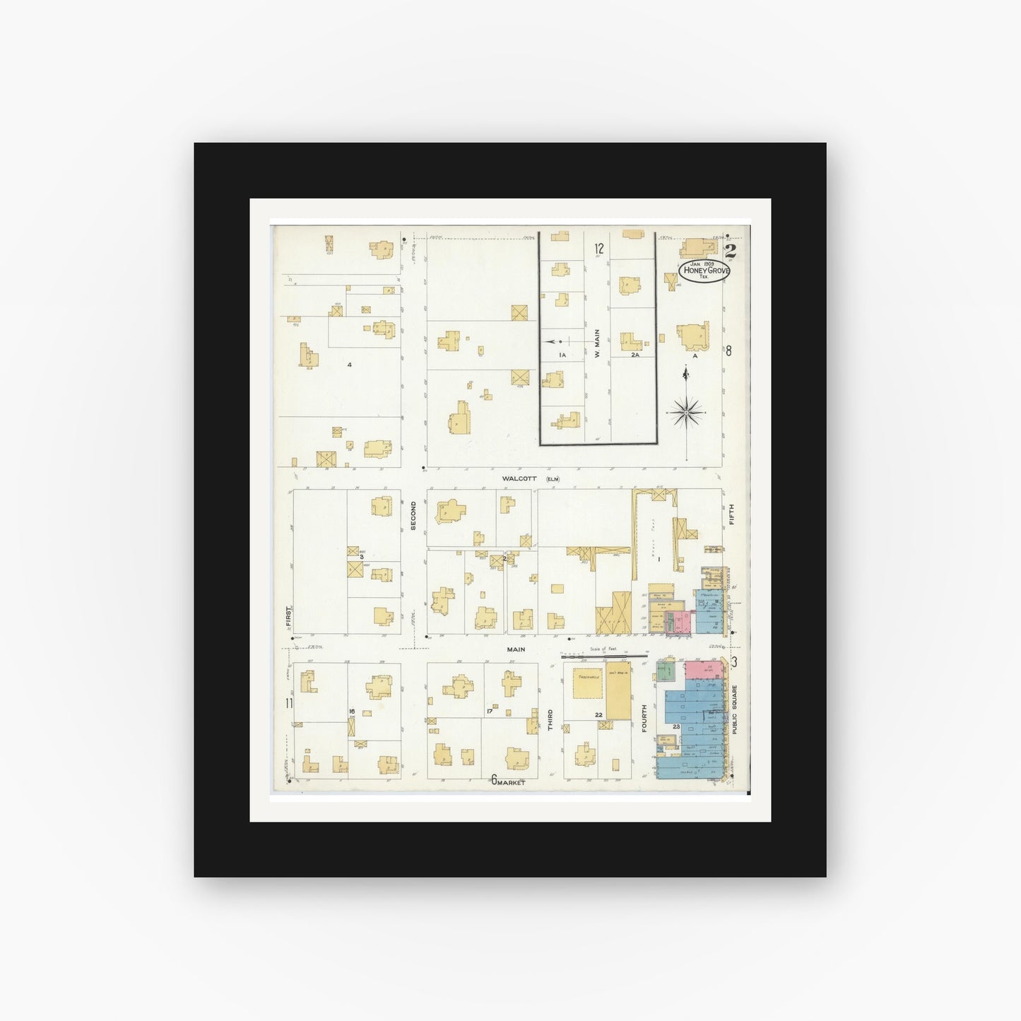 Old map wall art mockup — black gallery frame with white mat — Sanborn Fire Insurance Map from Honey Grove, Fannin County, Texas (1909), Sheet #0002