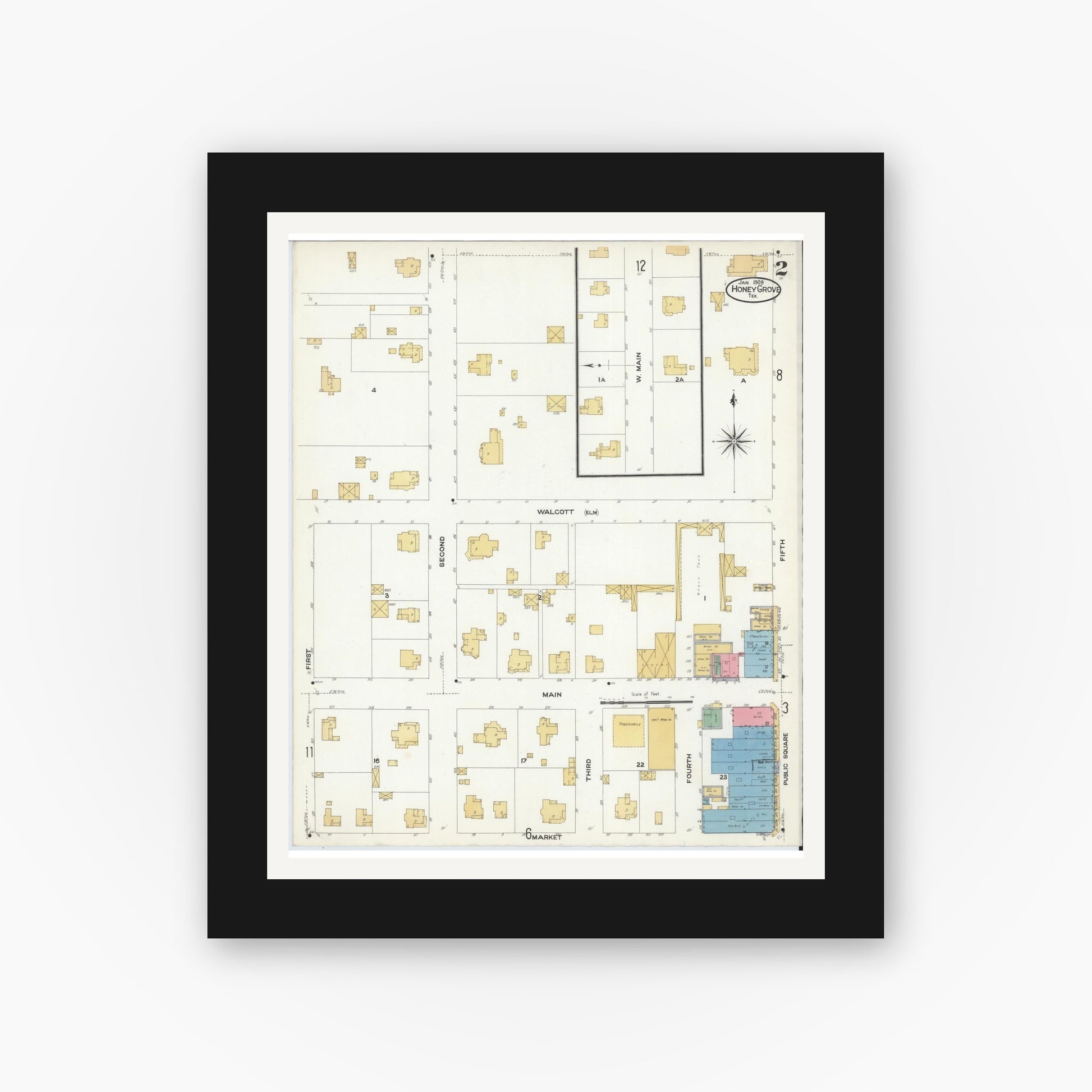 Old map wall art mockup — black gallery frame with white mat — Sanborn Fire Insurance Map from Honey Grove, Fannin County, Texas (1909), Sheet #0002
