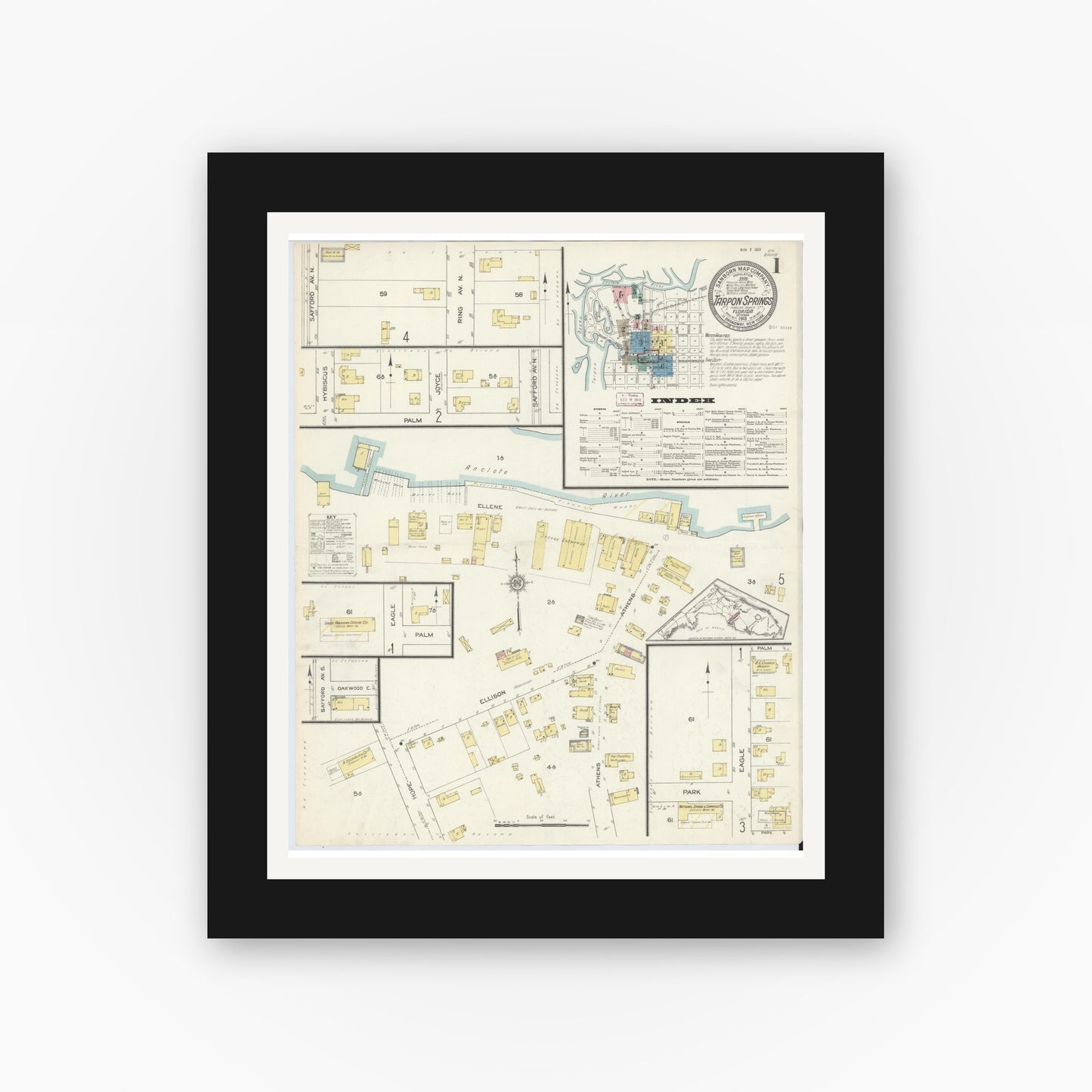 Old map wall art mockup — black gallery frame with white mat — Sanborn Fire Insurance Map from Tarpon Springs, Pinellas County, Florida (1913), Sheet #0001