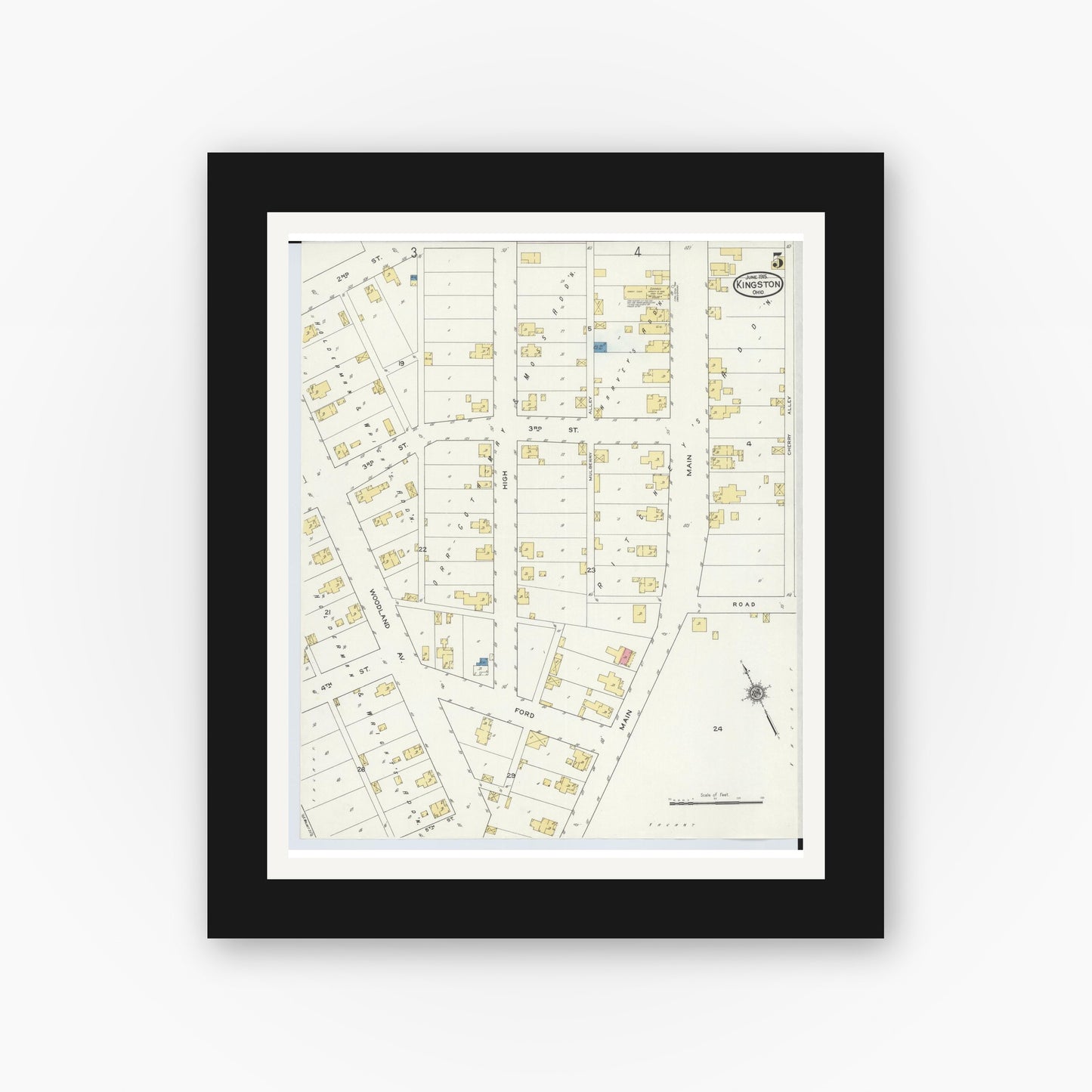 Old map wall art mockup — black gallery frame with white mat — Sanborn Fire Insurance Map from Kingston, Ross County, Ohio (1915), Sheet #0005