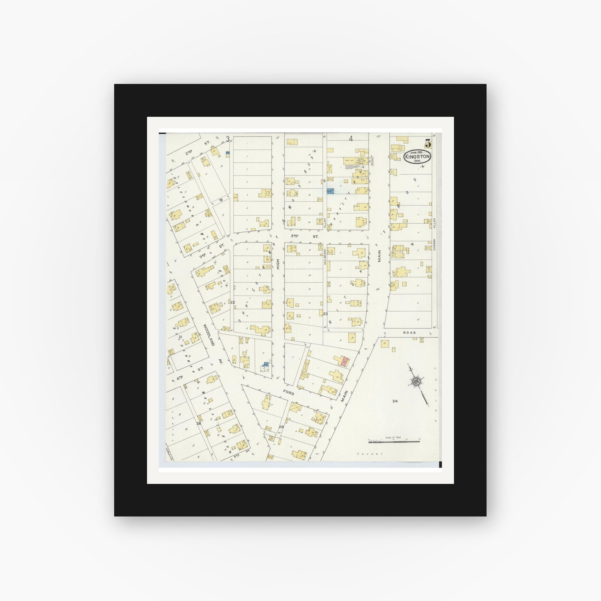 Old map wall art mockup — black gallery frame with white mat — Sanborn Fire Insurance Map from Kingston, Ross County, Ohio (1915), Sheet #0005