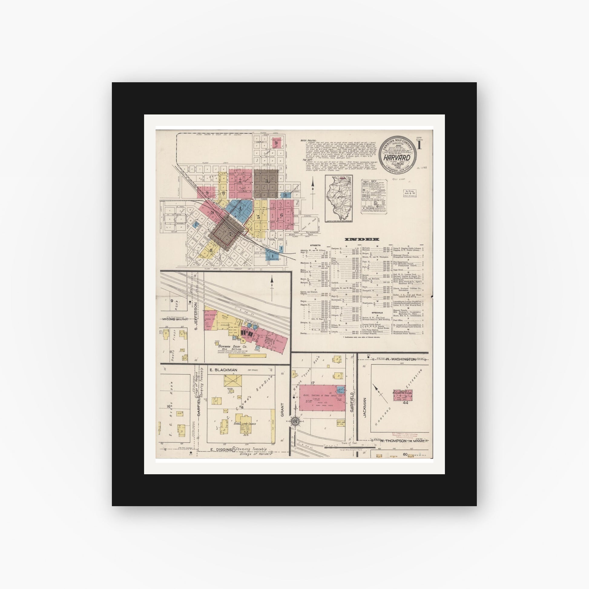 Old map wall art mockup — black gallery frame with white mat — Sanborn Fire Insurance Map from Harvard, McHenry County, Illinois (1922) - Complete Map Set