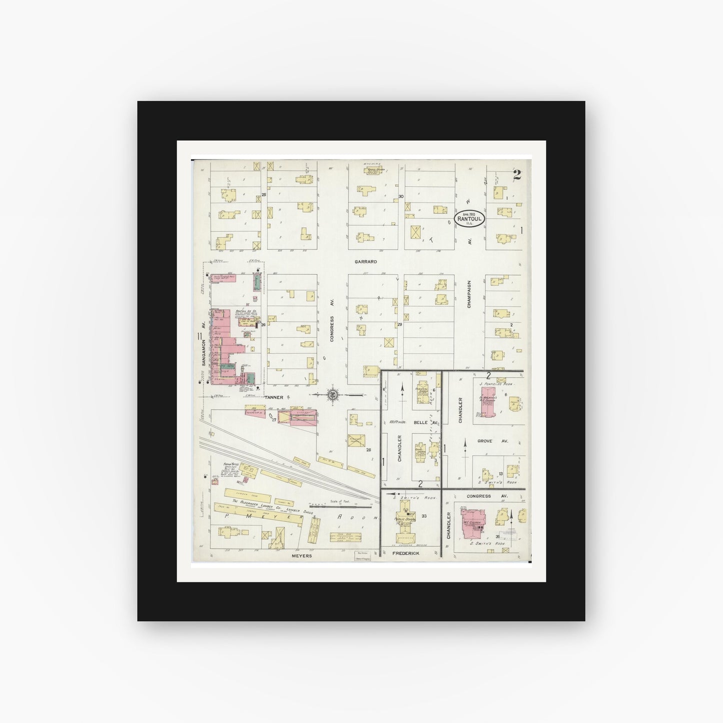 Old map wall art mockup — black gallery frame with white mat — Sanborn Fire Insurance Map from Rantoul, Champaign County, Illinois (1910), Sheet #0002