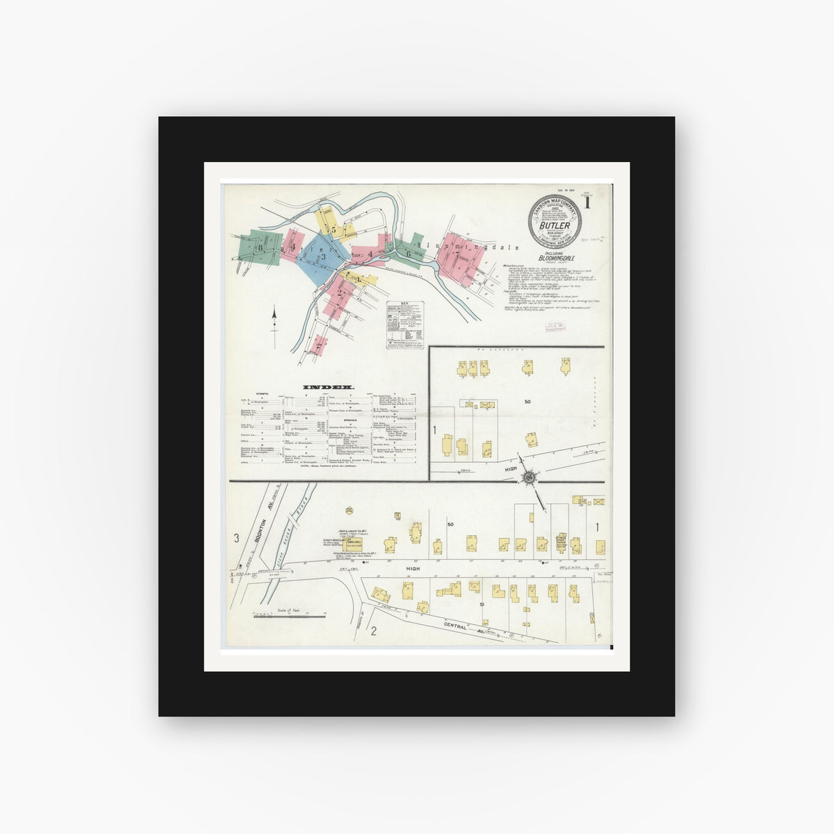 Old map wall art mockup — black gallery frame with white mat — Sanborn Fire Insurance Map from Butler, Morris County, New Jersey (1911), Sheet #0001