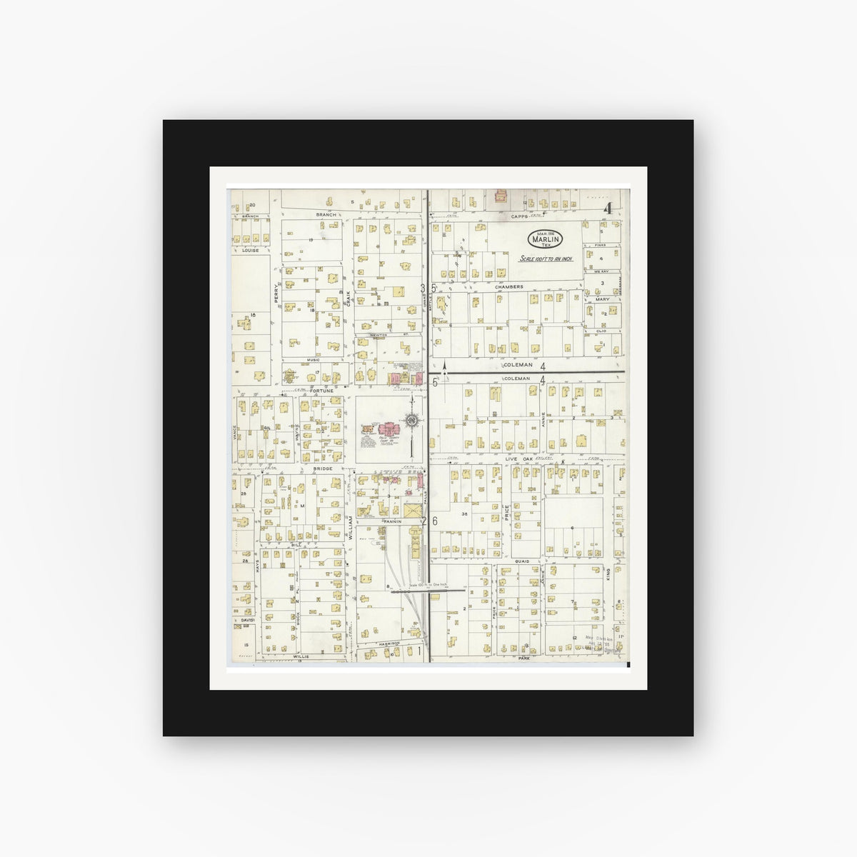 Old map wall art mockup — black gallery frame with white mat — Sanborn Fire Insurance Map from Marlin, Falls County, Texas (1916), Sheet #0004