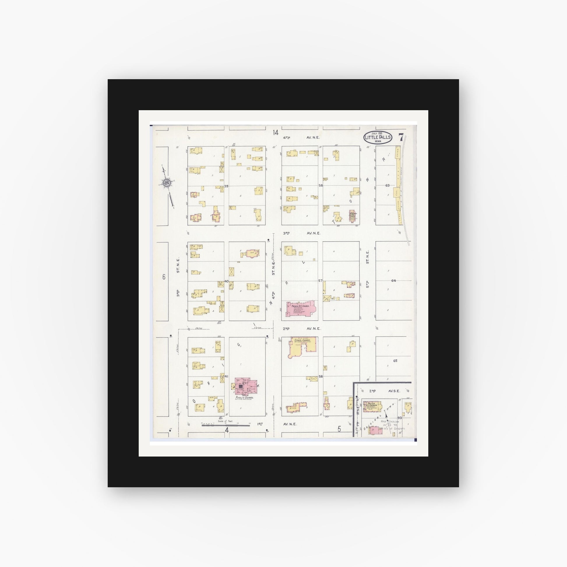 Old map wall art mockup — black gallery frame with white mat — Sanborn Fire Insurance Map from Little Falls, Morrison County, Minnesota (1915), Sheet #0007
