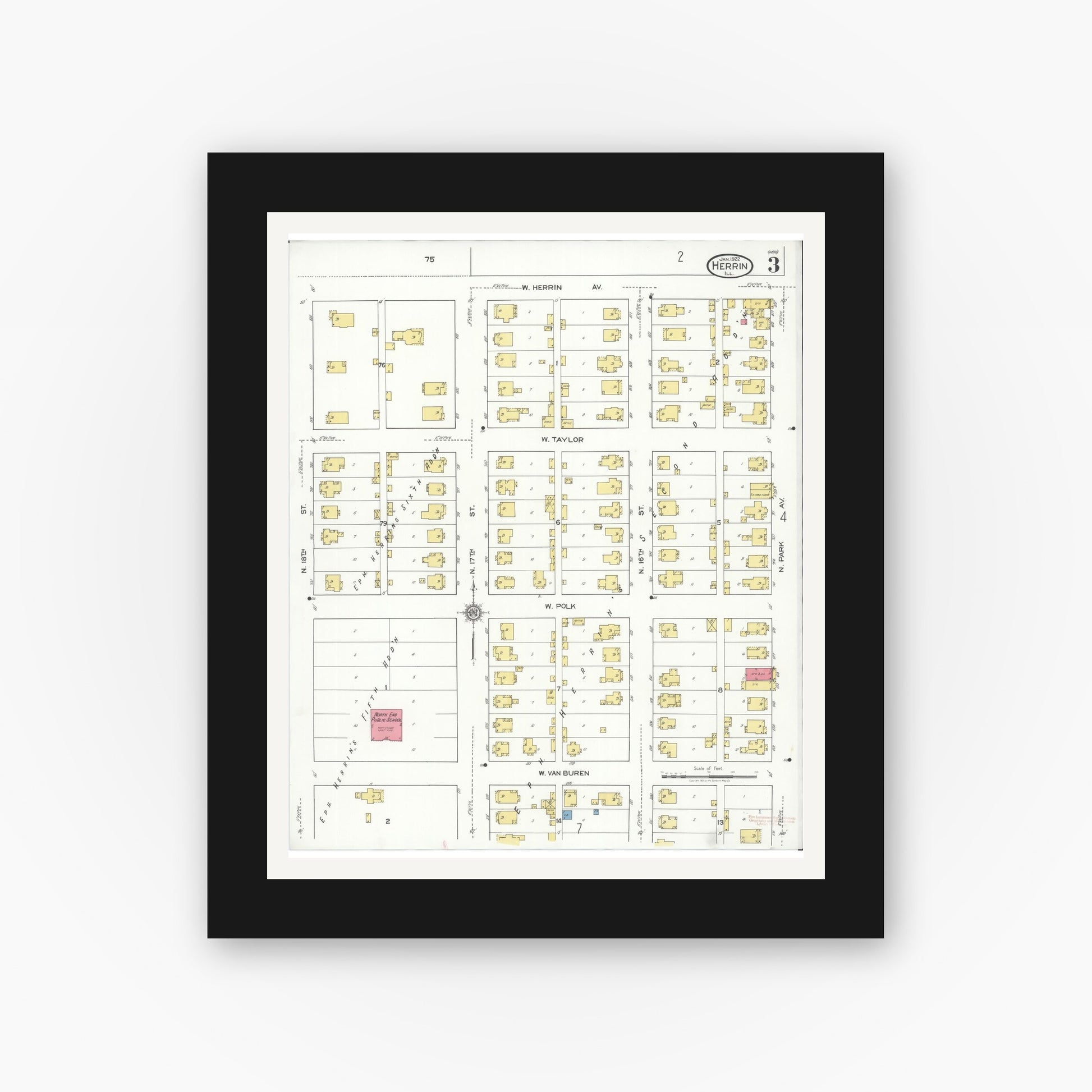 Old map wall art mockup — black gallery frame with white mat — Sanborn Fire Insurance Map from Herrin, Williamson County, Illinois (1922), Sheet #0003