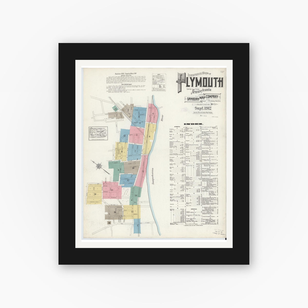 Old map wall art mockup — black gallery frame with white mat — Sanborn Fire Insurance Map from Plymouth, Luzerne County, Pennsylvania (1912), Sheet #0001