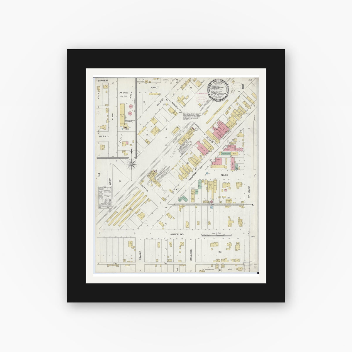 Old map wall art mockup — black gallery frame with white mat — Sanborn Fire Insurance Map from Blue Mound, Macon County, Illinois (1899), Sheet #0001