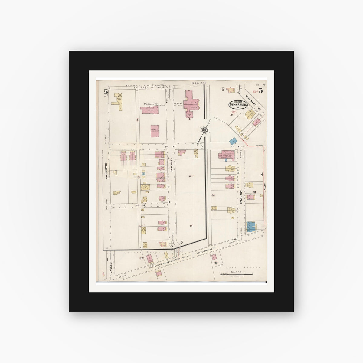 Old map wall art mockup — black gallery frame with white mat — Sanborn Fire Insurance Map from Pennsburg, Montgomery County, Pennsylvania (1933), Sheet #0005