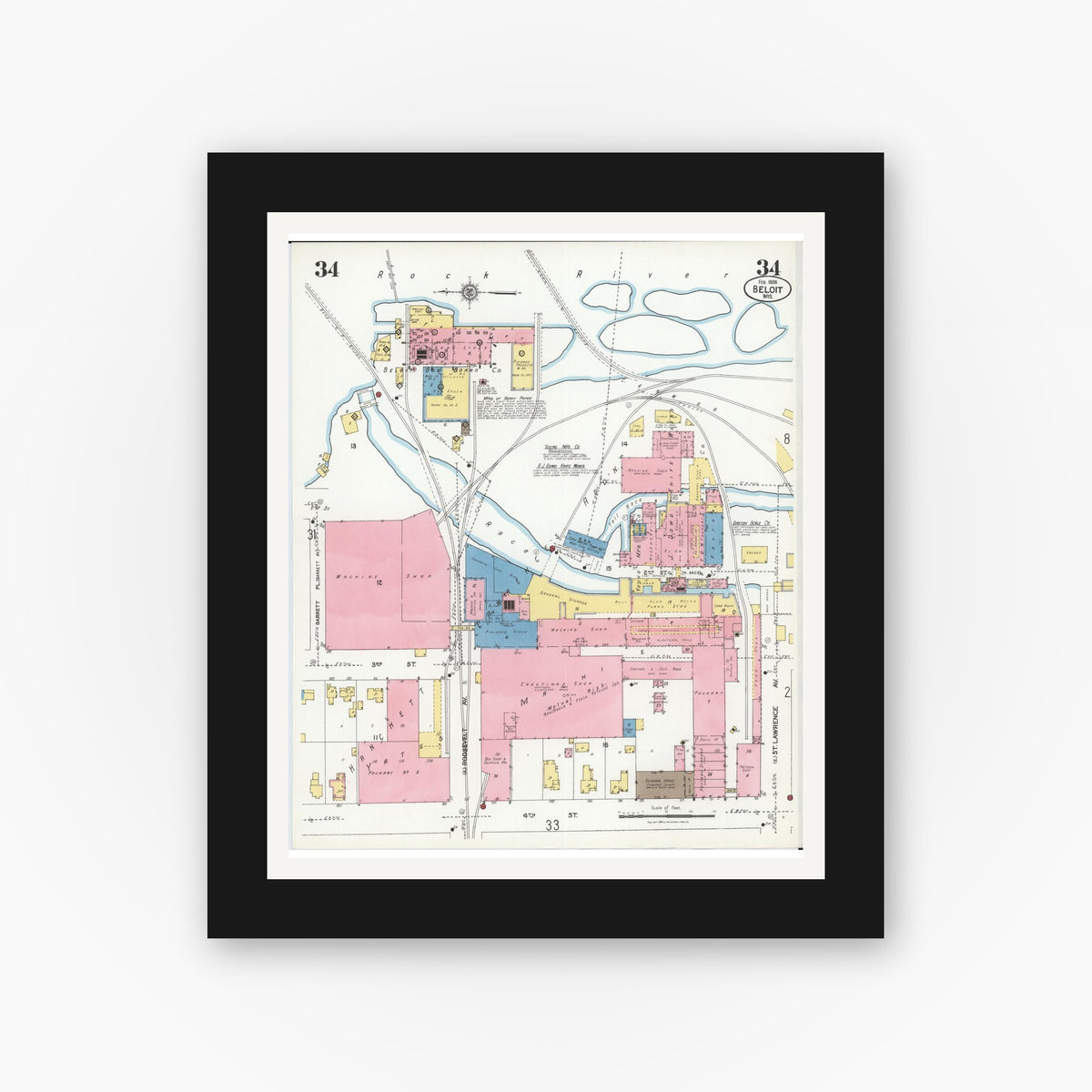 Old map wall art mockup — black gallery frame with white mat — Sanborn Fire Insurance Map from Beloit, Rock County, Wisconsin (1926), Sheet #0034