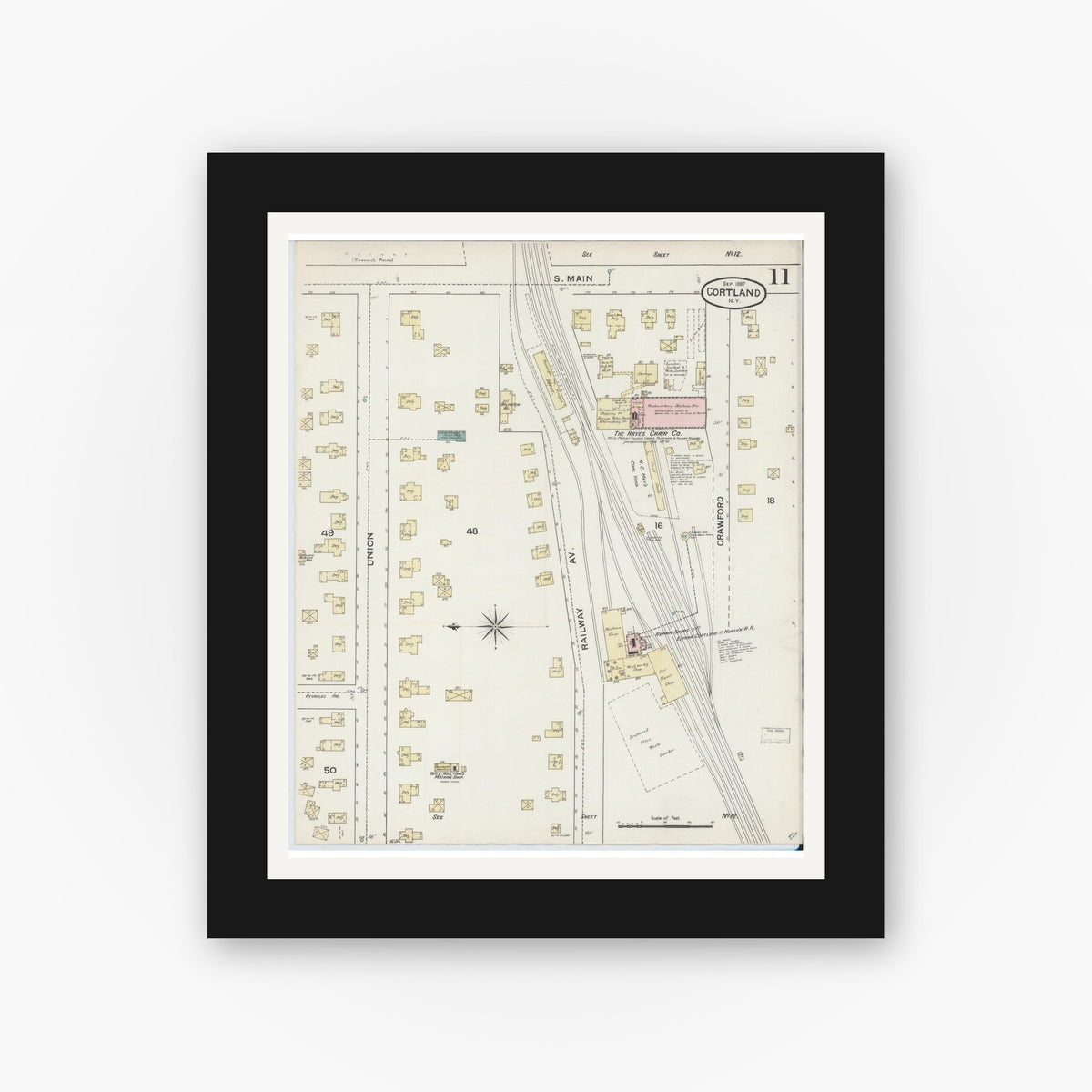Old map wall art mockup — black gallery frame with white mat — Sanborn Fire Insurance Map from Cortland, Cortland County, New York (1887), Sheet #0011