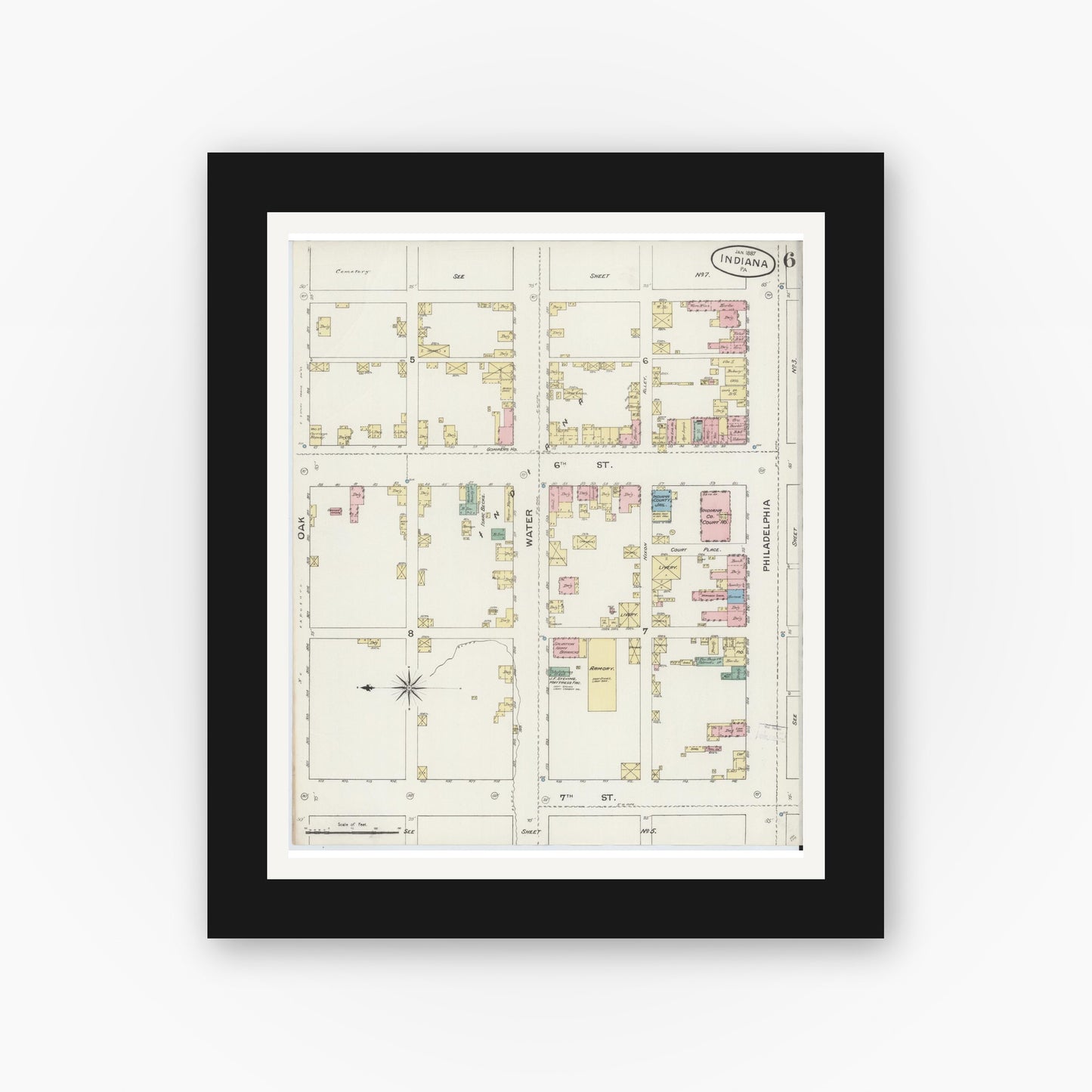 Old map wall art mockup — black gallery frame with white mat — Sanborn Fire Insurance Map from Indiana, Indiana County, Pennsylvania (1887), Sheet #0006