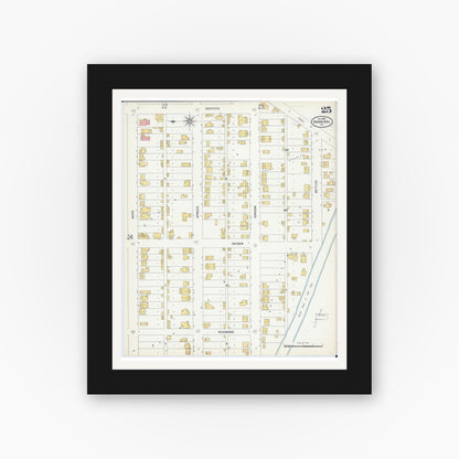 Old map wall art mockup — black gallery frame with white mat — Sanborn Fire Insurance Map from Hannibal, Marion County, Missouri (1899), Sheet #0025