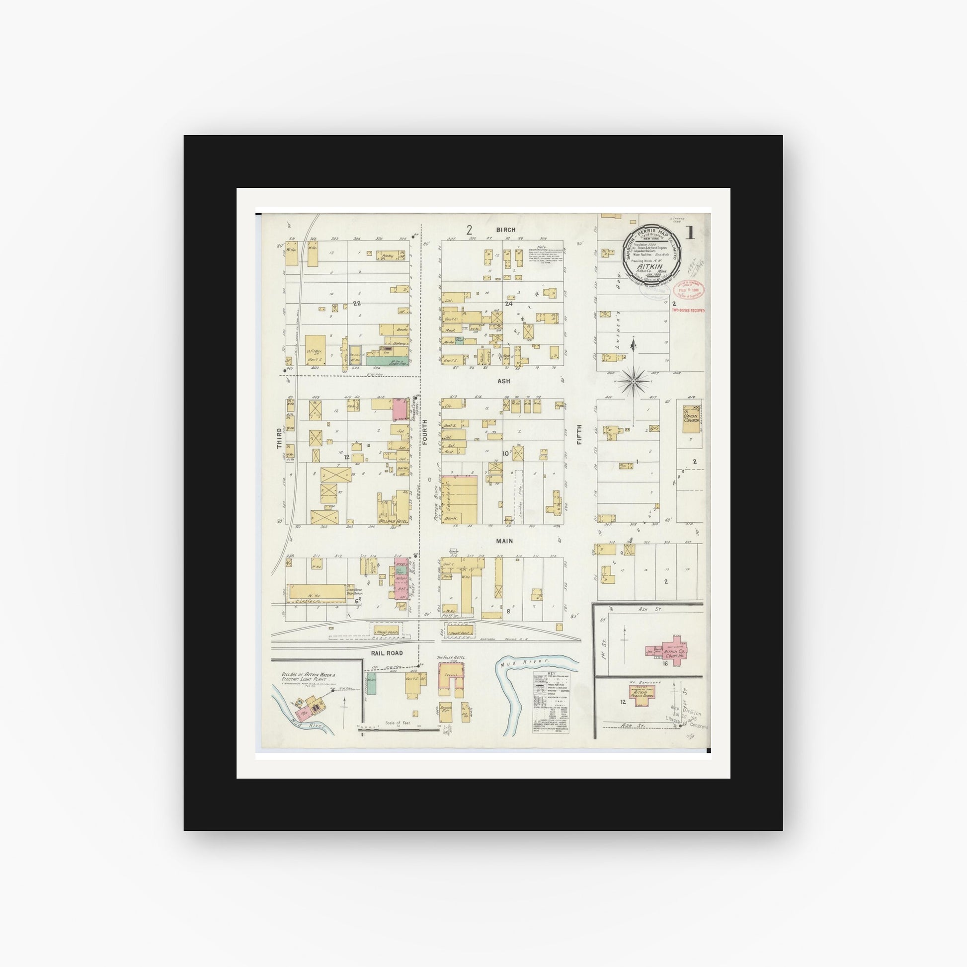 Old map wall art mockup — black gallery frame with white mat — Sanborn Fire Insurance Map from Aitkin, Aitkin County, Minnesota (1898), Sheet #0001