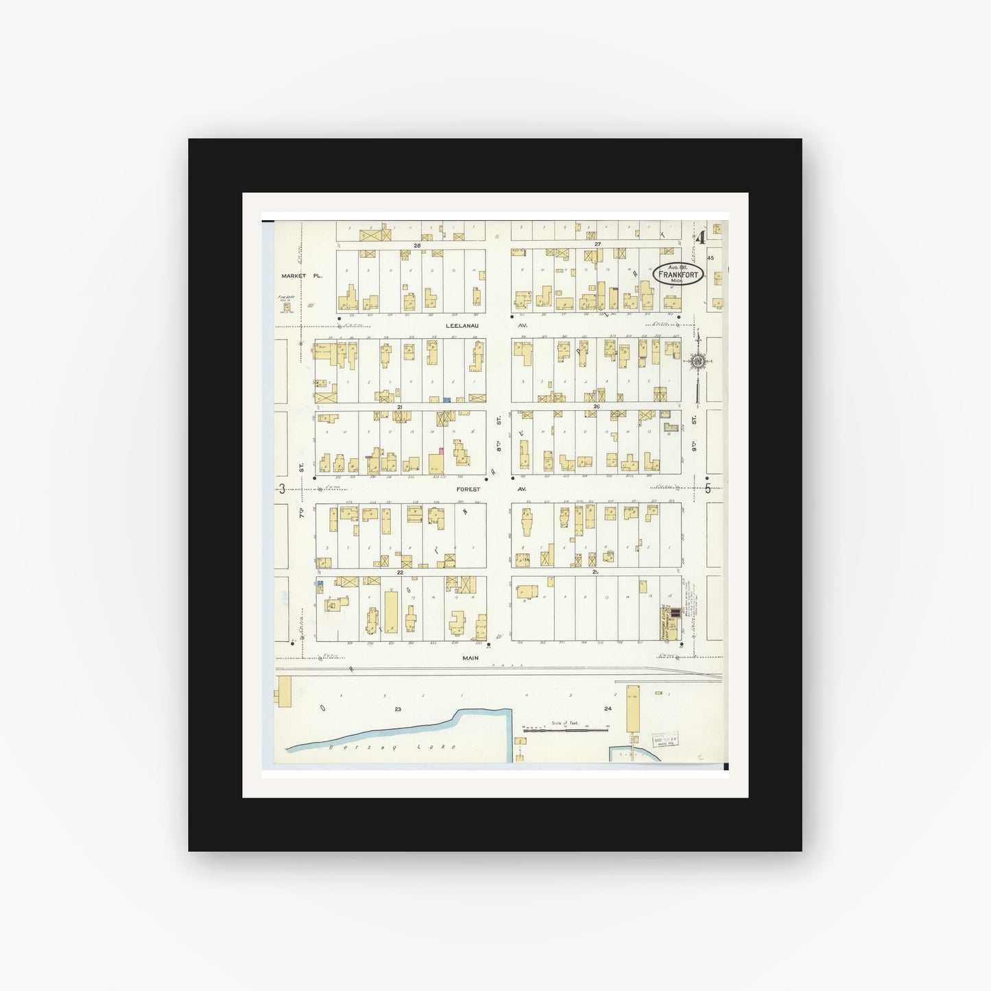 Old map wall art mockup — black gallery frame with white mat — Sanborn Fire Insurance Map from Frankfort, Benzie County, Michigan (1911), Sheet #0004