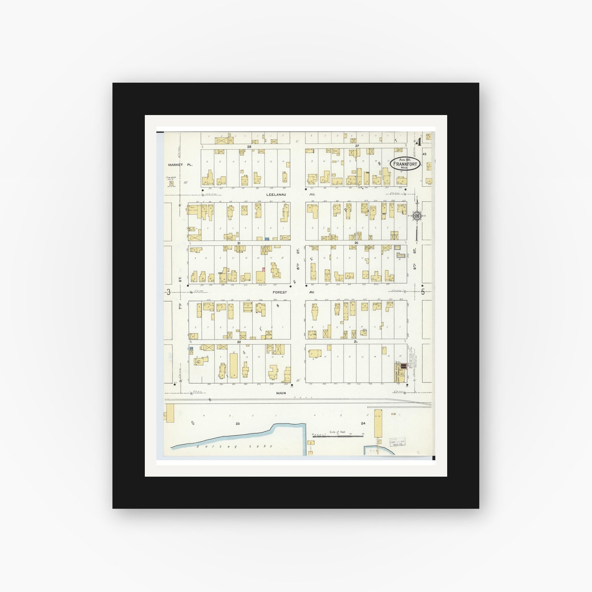 Old map wall art mockup — black gallery frame with white mat — Sanborn Fire Insurance Map from Frankfort, Benzie County, Michigan (1911), Sheet #0004