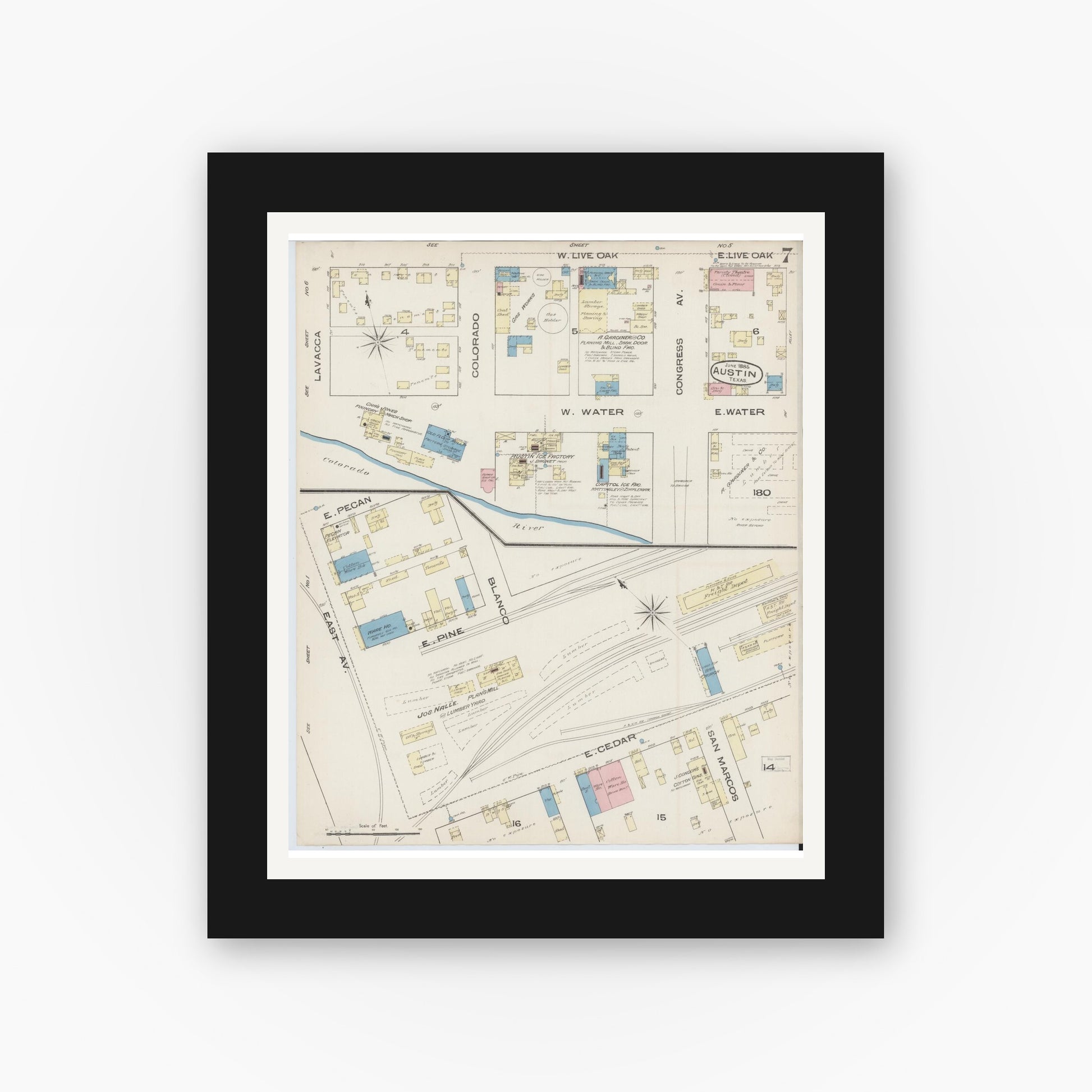 Old map wall art mockup — black gallery frame with white mat — Sanborn Fire Insurance Map from Austin, Travis County, Texas (1885), Sheet #0007