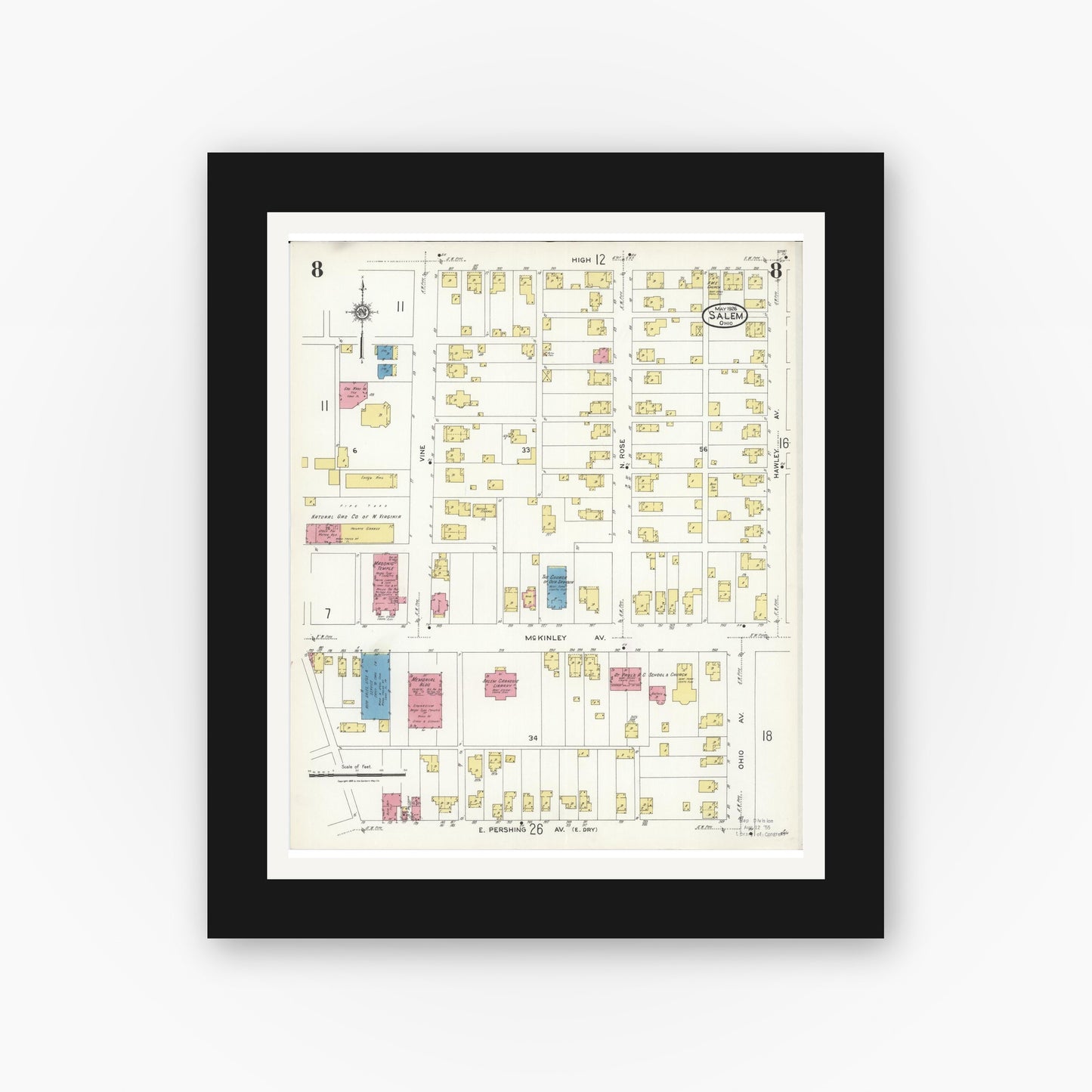 Old map wall art mockup — black gallery frame with white mat — Sanborn Fire Insurance Map from Salem, Columbiana County, Ohio (1926), Sheet #0008