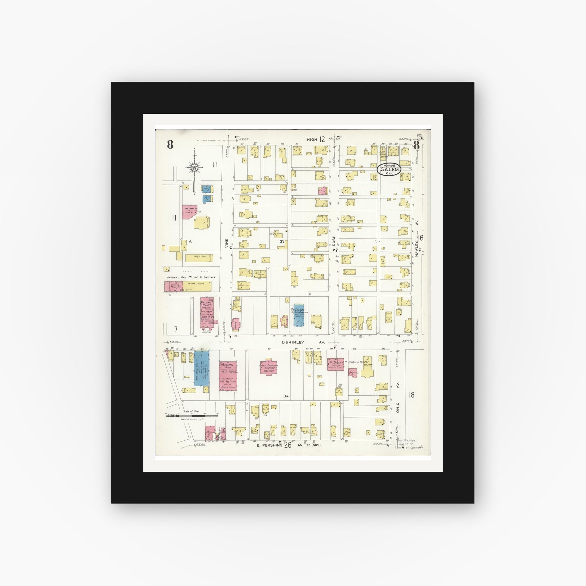 Old map wall art mockup — black gallery frame with white mat — Sanborn Fire Insurance Map from Salem, Columbiana County, Ohio (1926), Sheet #0008