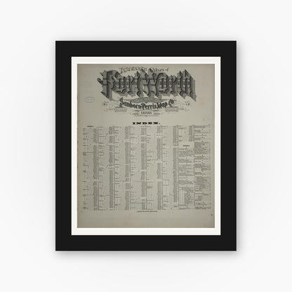 Old map wall art mockup — black gallery frame with white mat — Sanborn Fire Insurance Map from Fort Worth, Tarrant County, Texas (1898), Sheet #0001