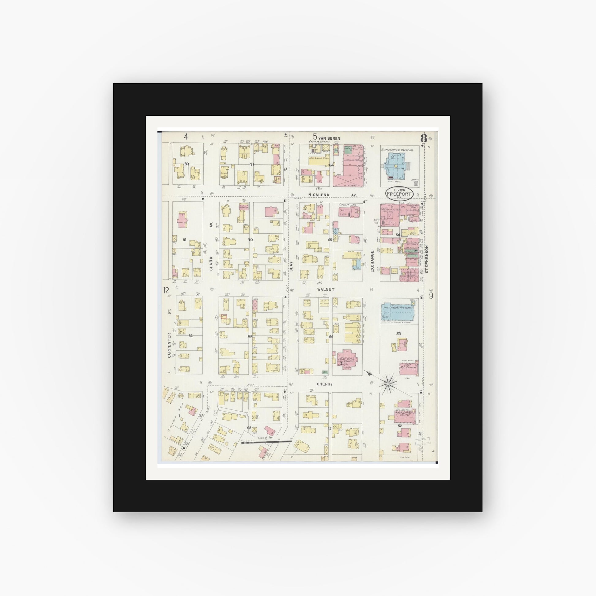 Old map wall art mockup — black gallery frame with white mat — Sanborn Fire Insurance Map from Freeport, Stephenson County, Illinois (1897), Sheet #0008