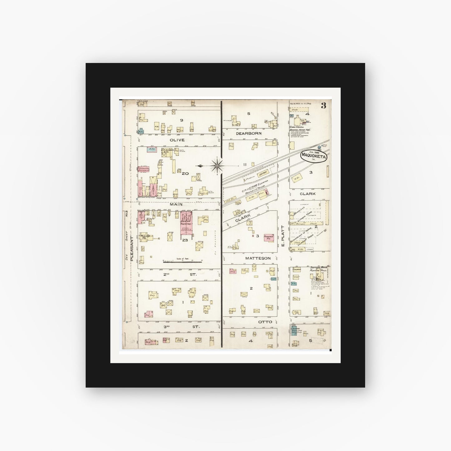 Old map wall art mockup — black gallery frame with white mat — Sanborn Fire Insurance Map from Maquoketa, Jackson County, Iowa (1886), Sheet #0003