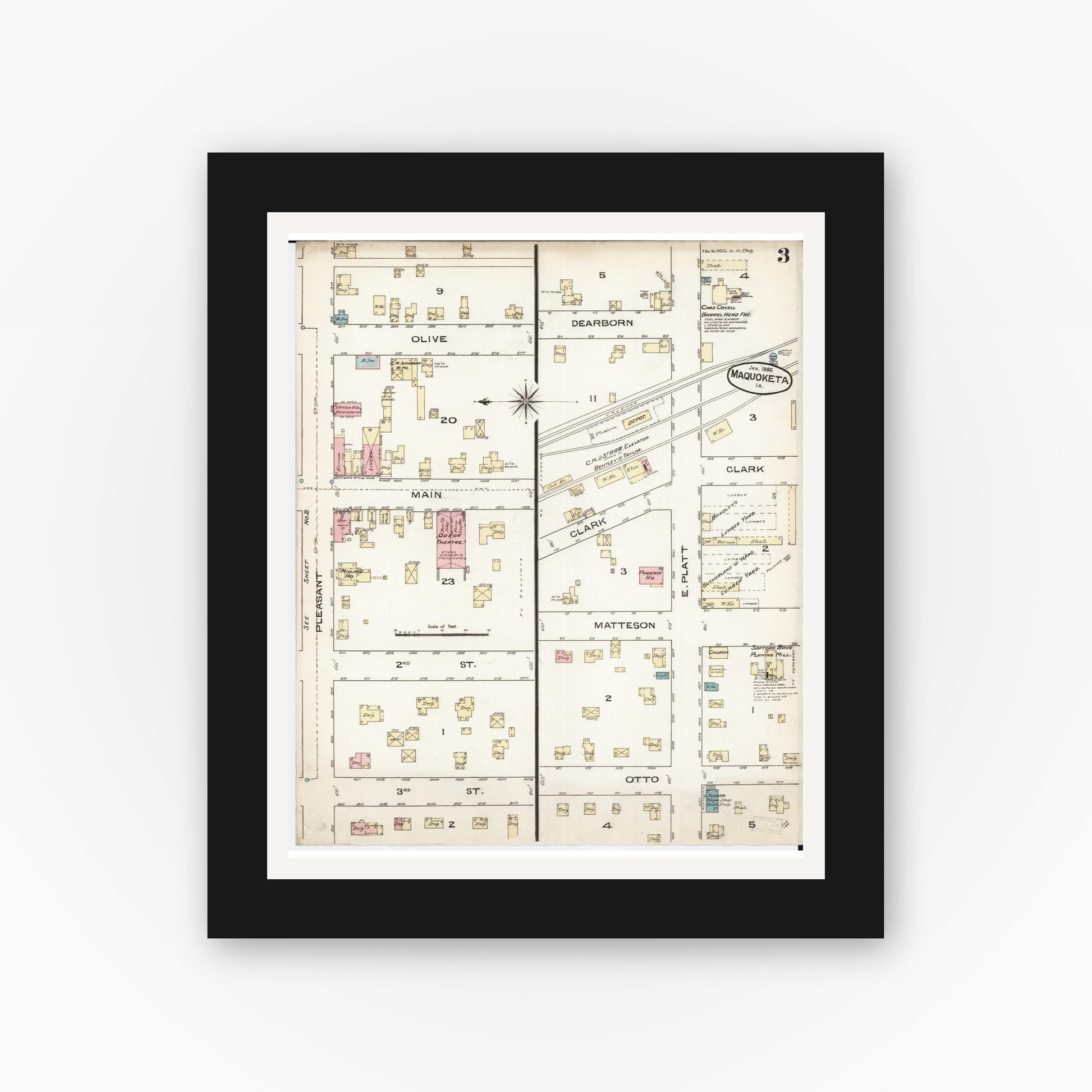 Old map wall art mockup — black gallery frame with white mat — Sanborn Fire Insurance Map from Maquoketa, Jackson County, Iowa (1886), Sheet #0003