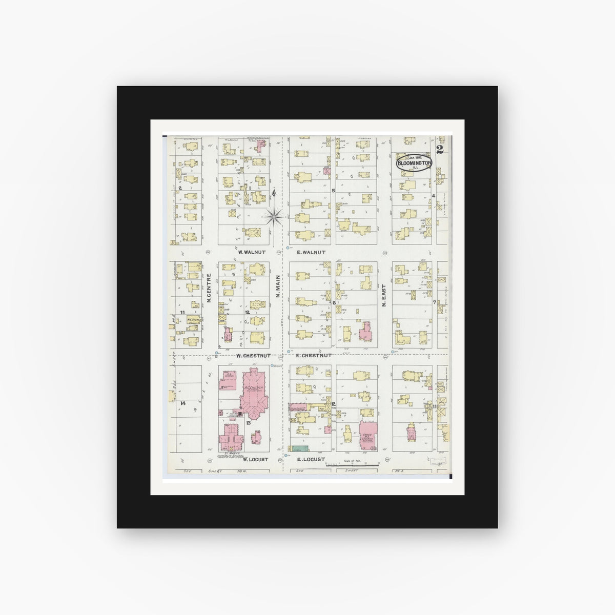 Old map wall art mockup — black gallery frame with white mat — Sanborn Fire Insurance Map from Bloomington, McLean County, Illinois (1892), Sheet #0002