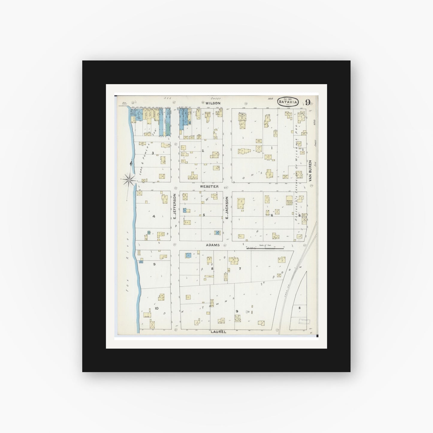 Old map wall art mockup — black gallery frame with white mat — Sanborn Fire Insurance Map from Batavia, Kane County, Illinois (1891), Sheet #0009