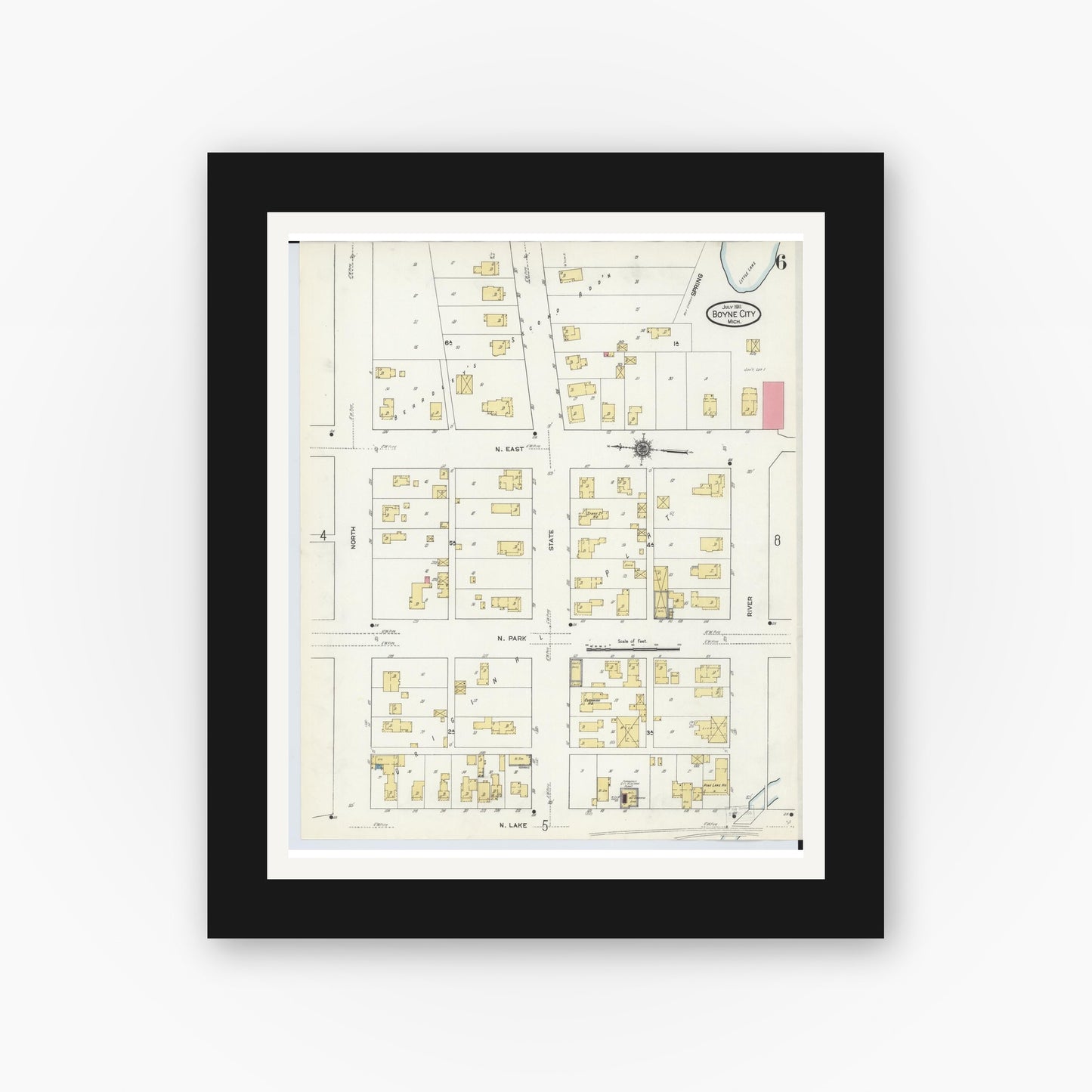 Old map wall art mockup — black gallery frame with white mat — Sanborn Fire Insurance Map from Boyne City, Charlevoix County, Michigan (1911), Sheet #0006