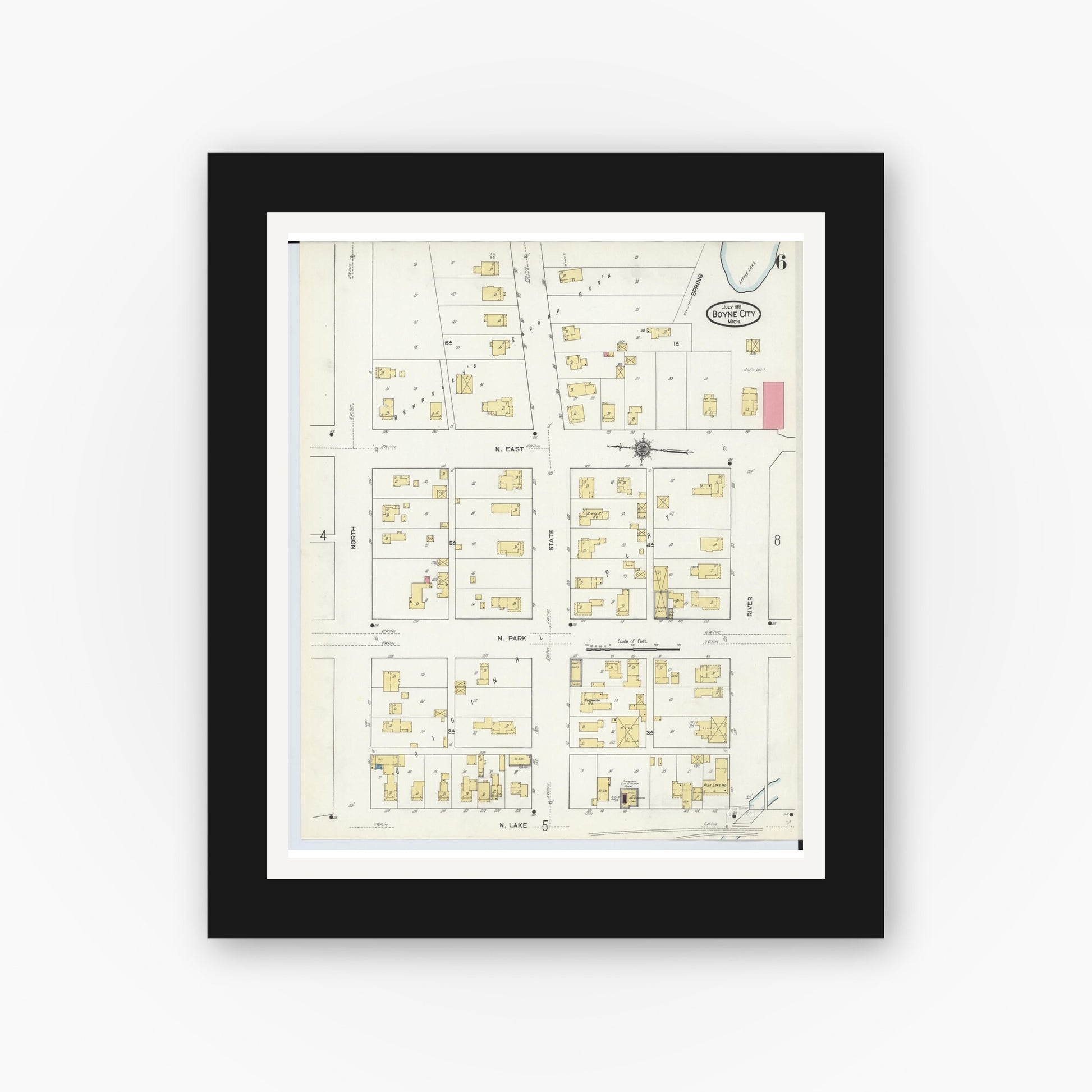 Old map wall art mockup — black gallery frame with white mat — Sanborn Fire Insurance Map from Boyne City, Charlevoix County, Michigan (1911), Sheet #0006