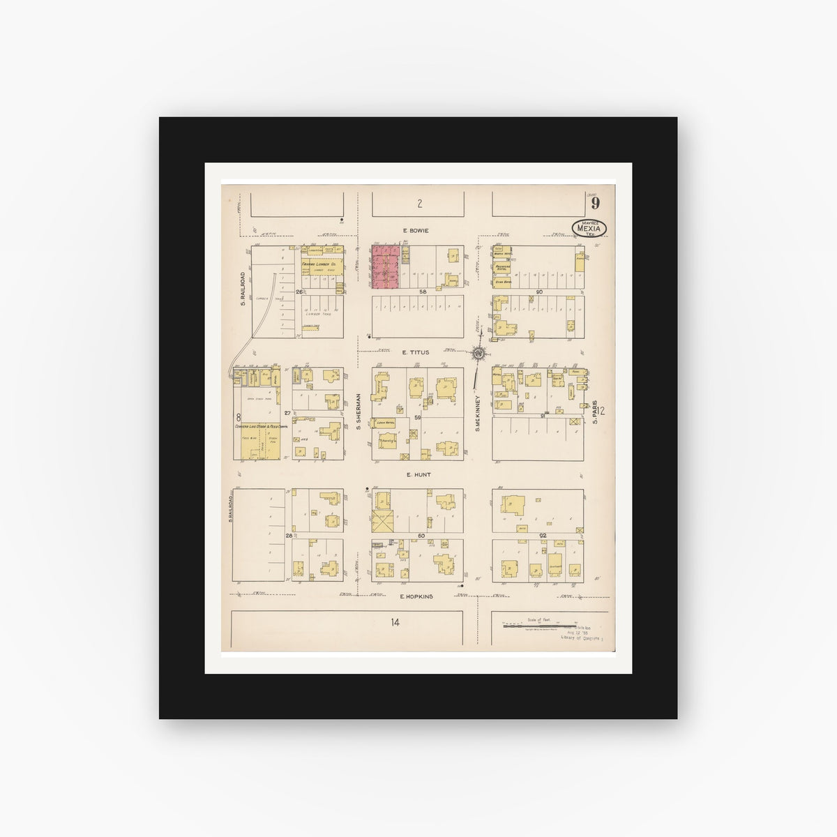 Old map wall art mockup — black gallery frame with white mat — Sanborn Fire Insurance Map from Mexia, Limestone County, Texas (1922), Sheet #0009