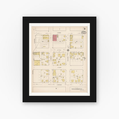 Old map wall art mockup — black gallery frame with white mat — Sanborn Fire Insurance Map from Mexia, Limestone County, Texas (1922), Sheet #0009