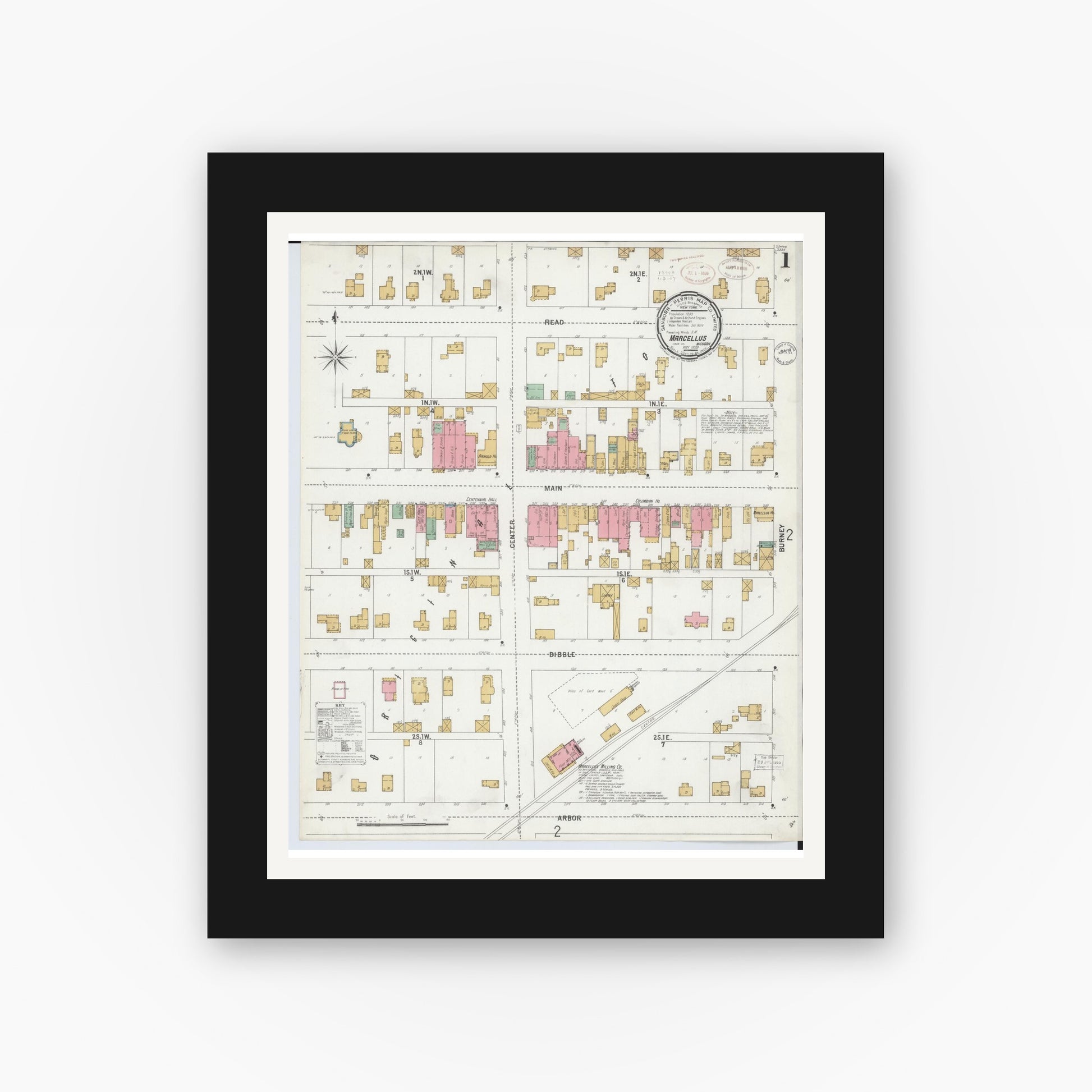 Old map wall art mockup — black gallery frame with white mat — Sanborn Fire Insurance Map from Marcellus, Cass County, Michigan (1899) - Complete Map Set