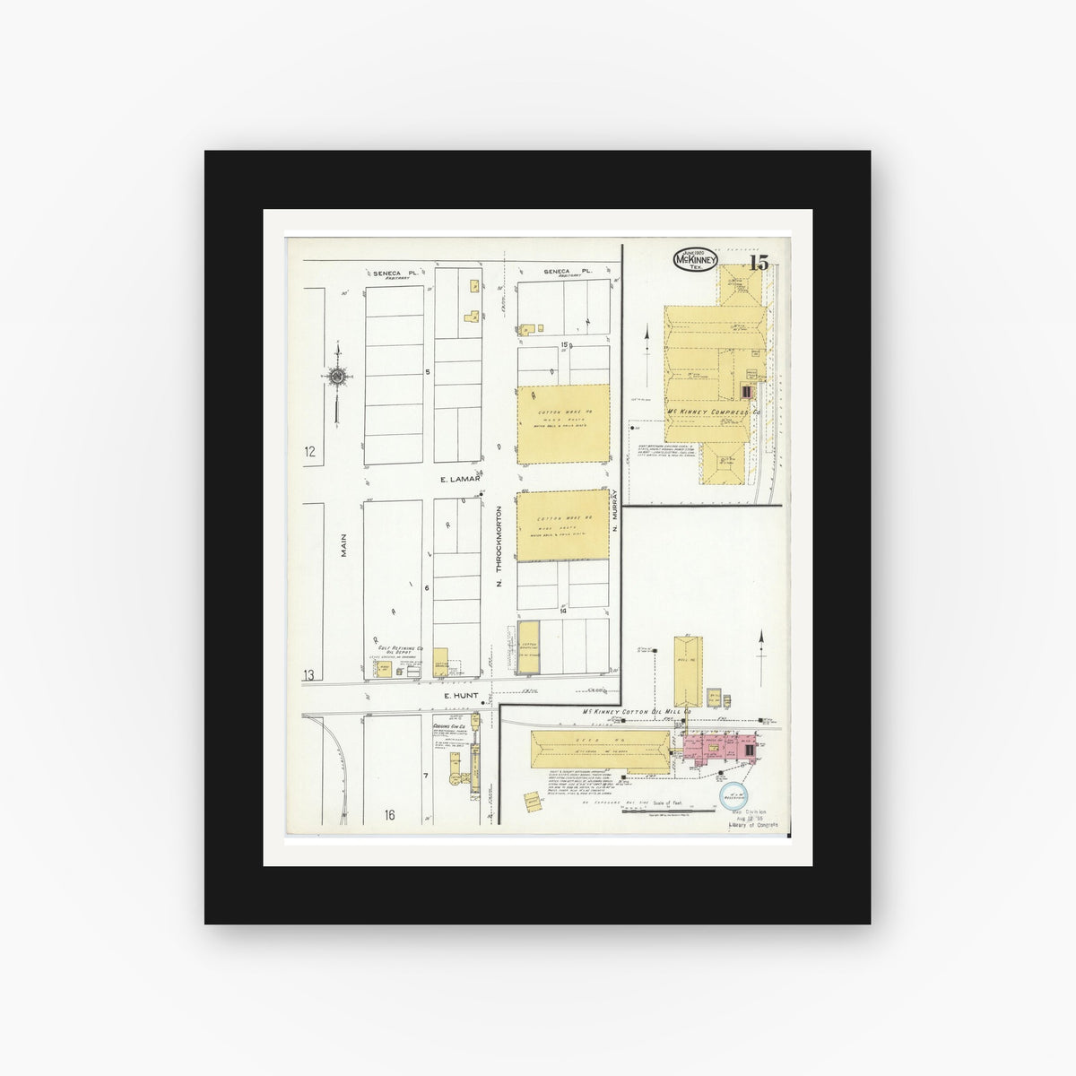 Old map wall art mockup — black gallery frame with white mat — Sanborn Fire Insurance Map from McKinney, Collin County, Texas (1920), Sheet #0015