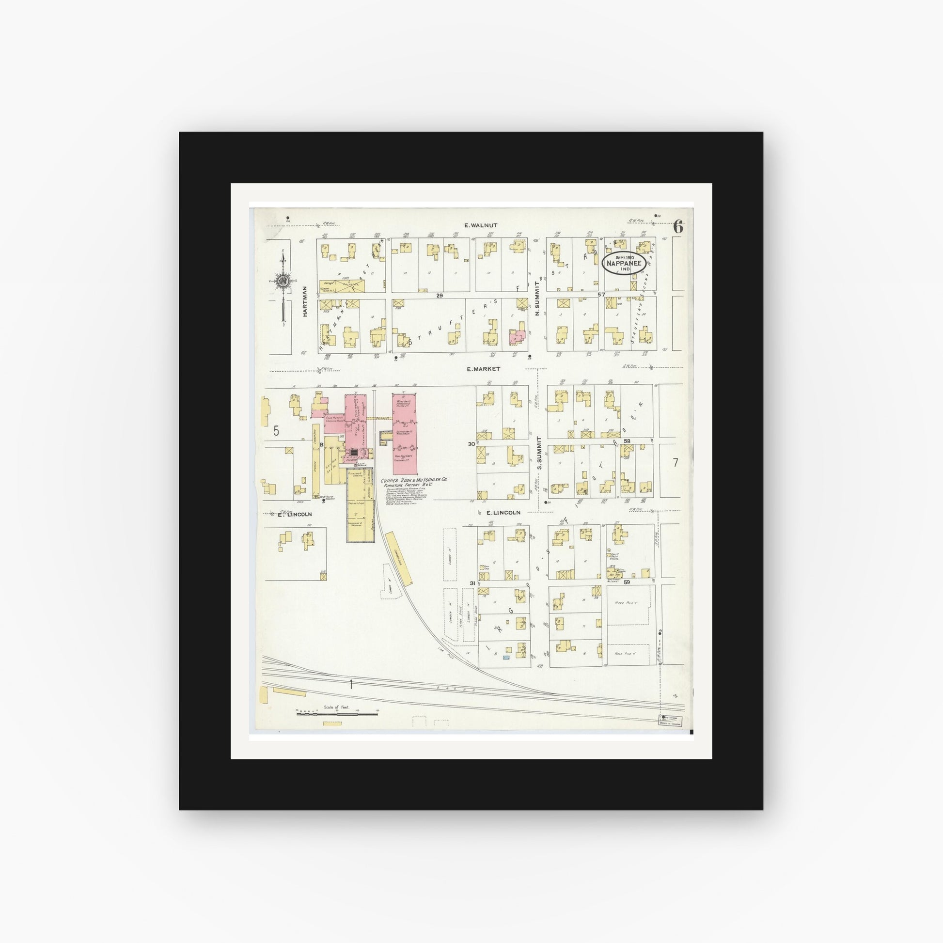 Old map wall art mockup — black gallery frame with white mat — Sanborn Fire Insurance Map from Nappanee, Elkhart County, Indiana (1910), Sheet #0006